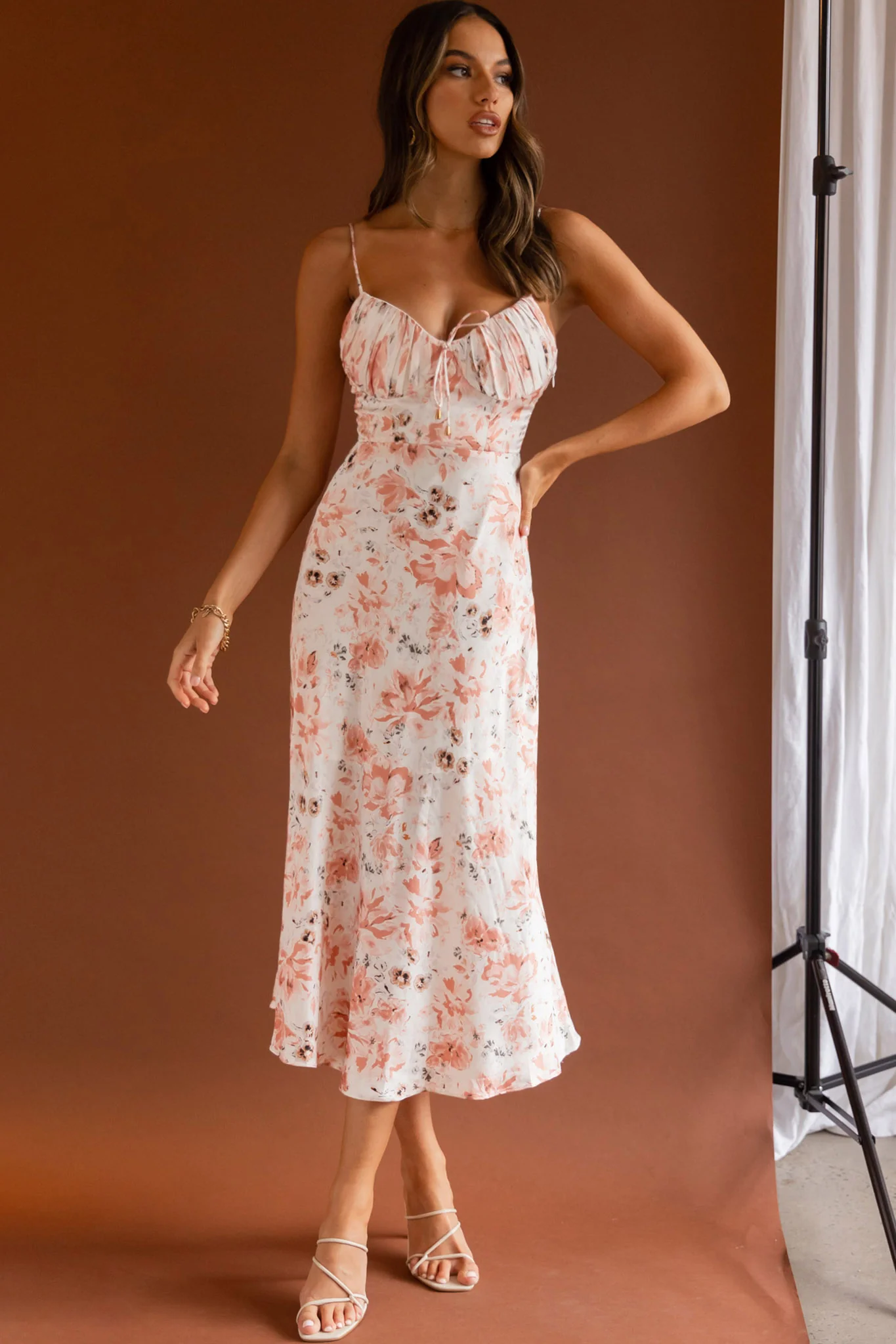 Malibu Gathered Bust Cami Strap Midi Dress Floral Pink - Image 3