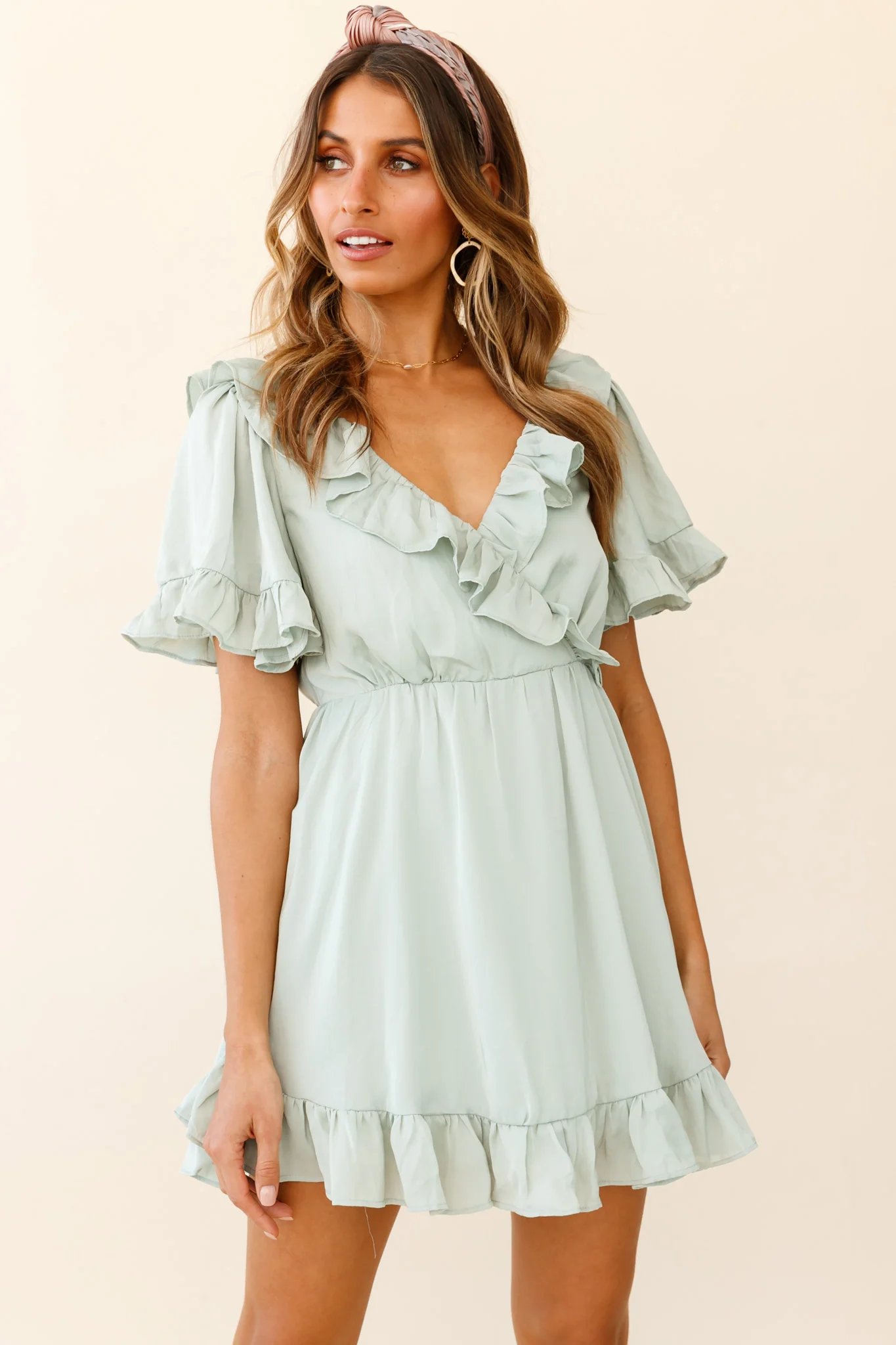 Malika Angel Sleeve Ruffle Trim Dress Pistachio - Image 4