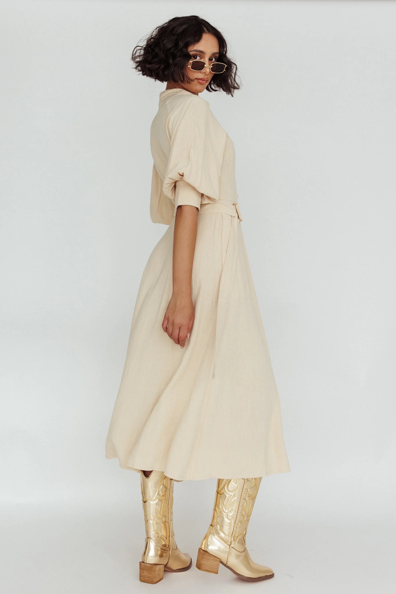 Mallory Belted Waist Lantern Sleeve Midi Dress Beige - Image 2