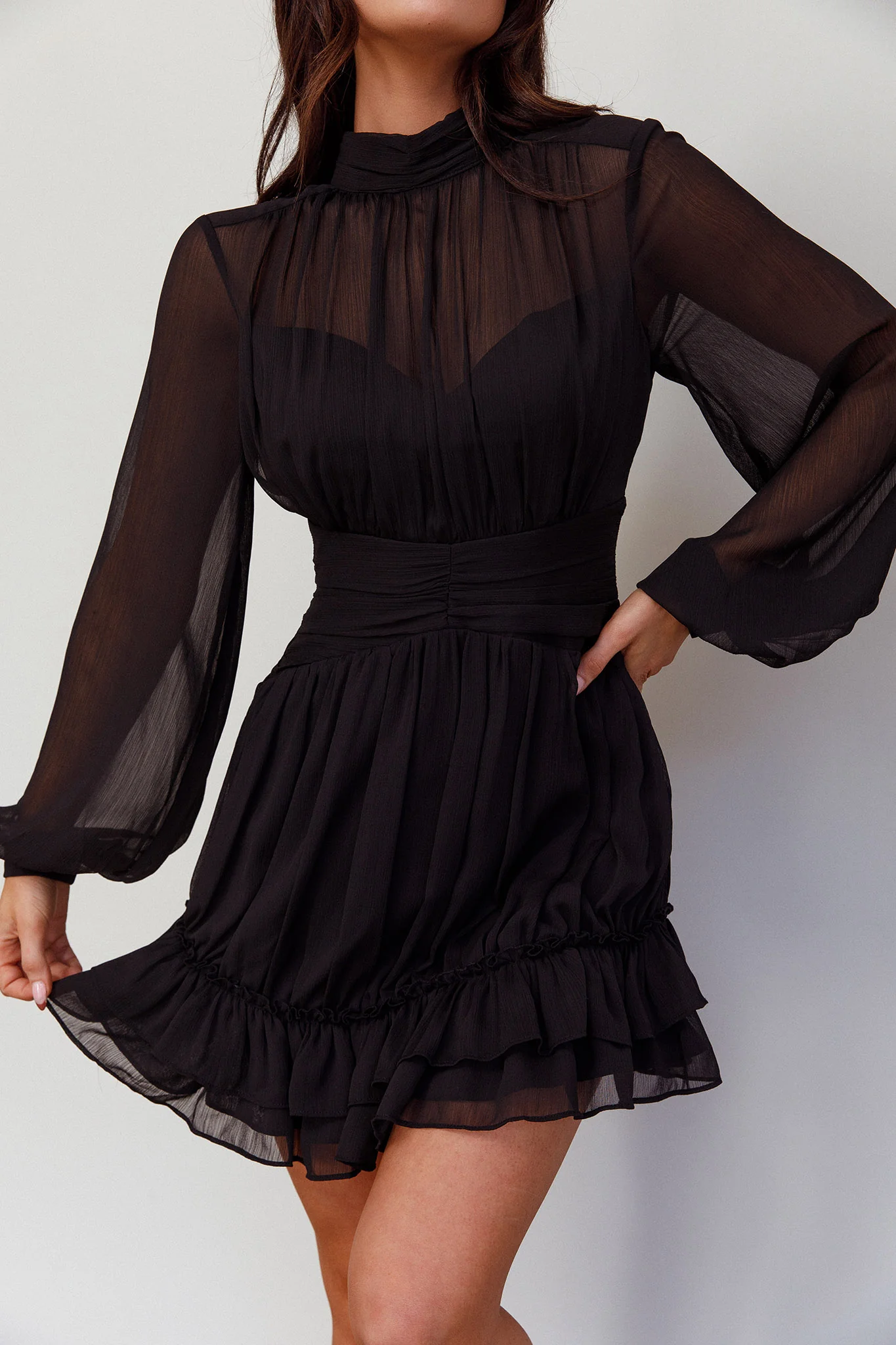 Mandalay High Neck Long Sleeve Waistband Dress Black - Image 4