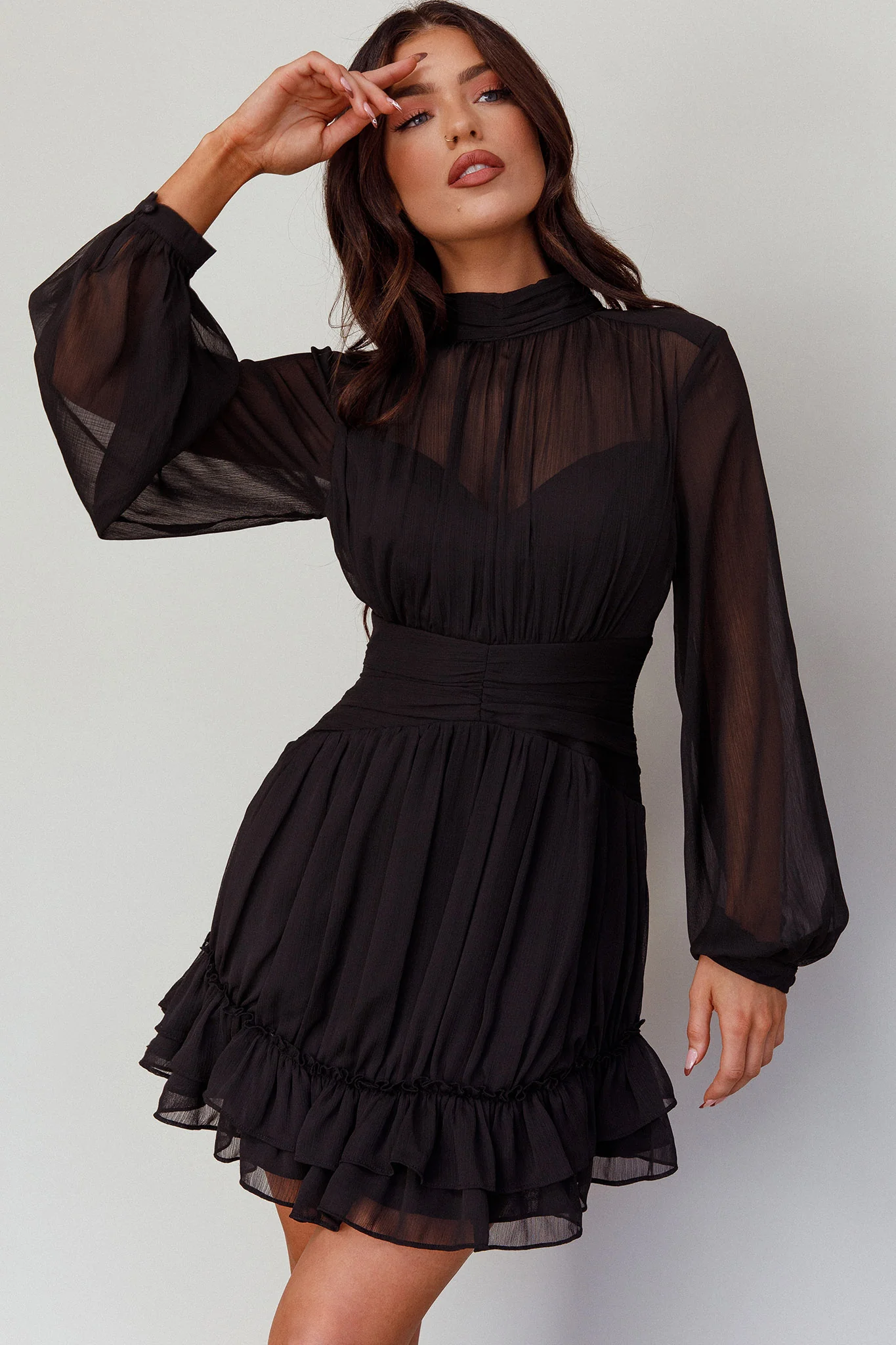 Mandalay High Neck Long Sleeve Waistband Dress Black - Image 5