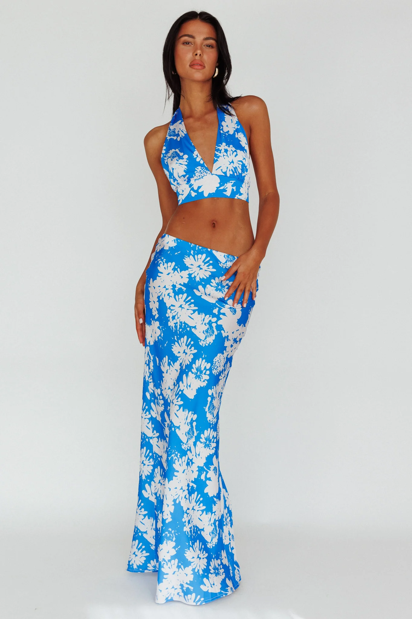 Manila Satin Maxi Skirt Blue Floral - Image 2