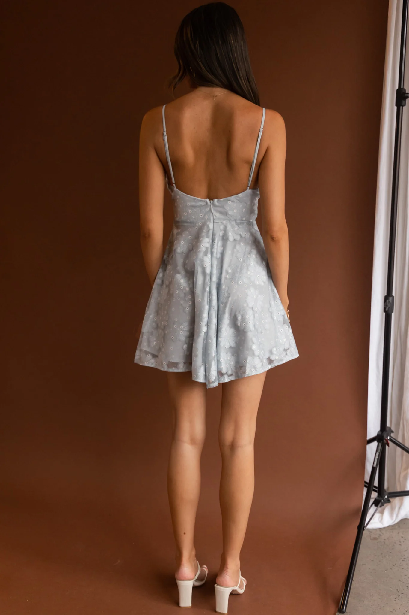 Marbella Floral Embroidered Mesh Scoop Neck Mini Dress Steel Blue - Image 2