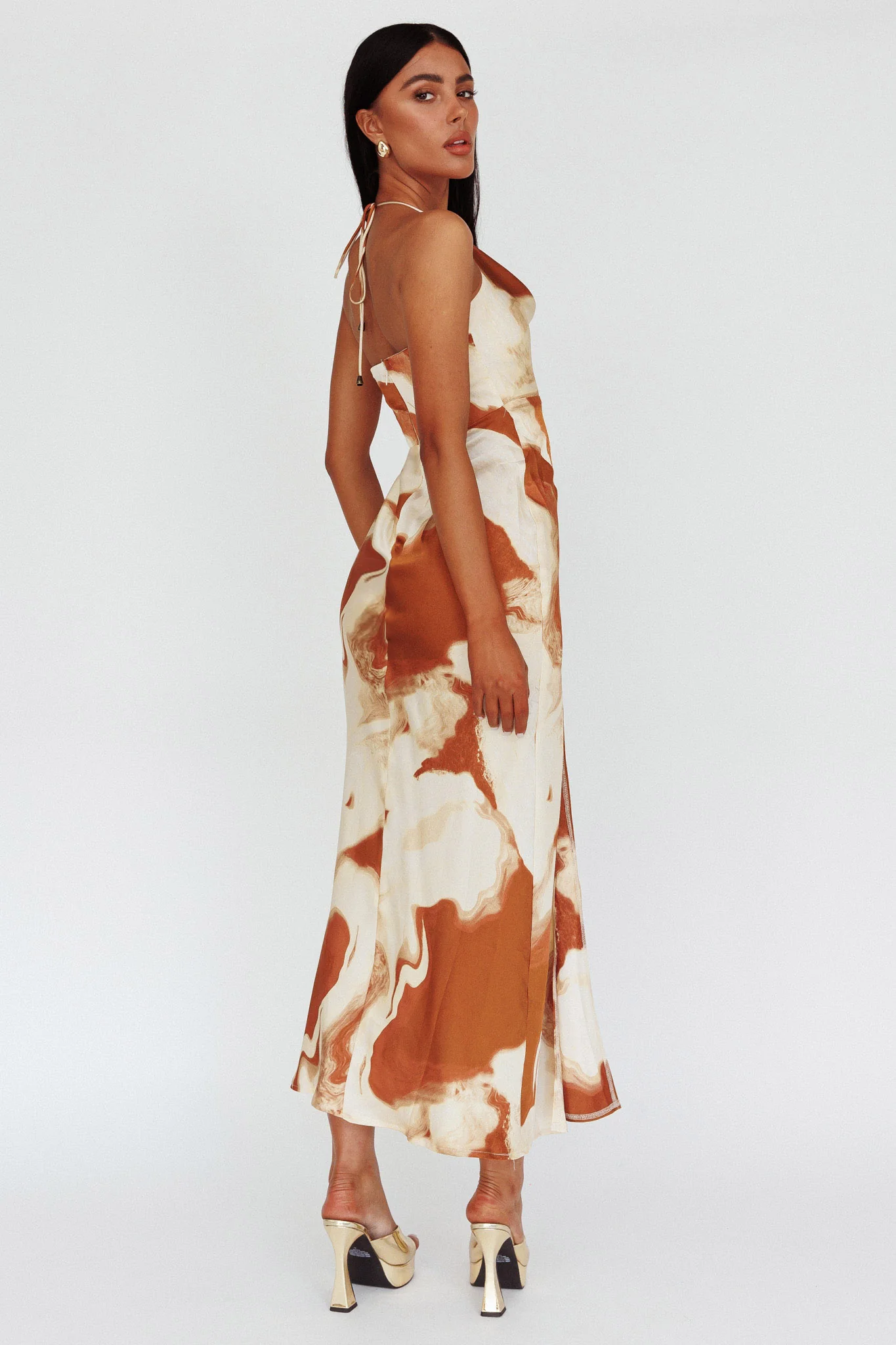 Marcello Cowl Halterneck Midi Dress Marble Brown - Image 2