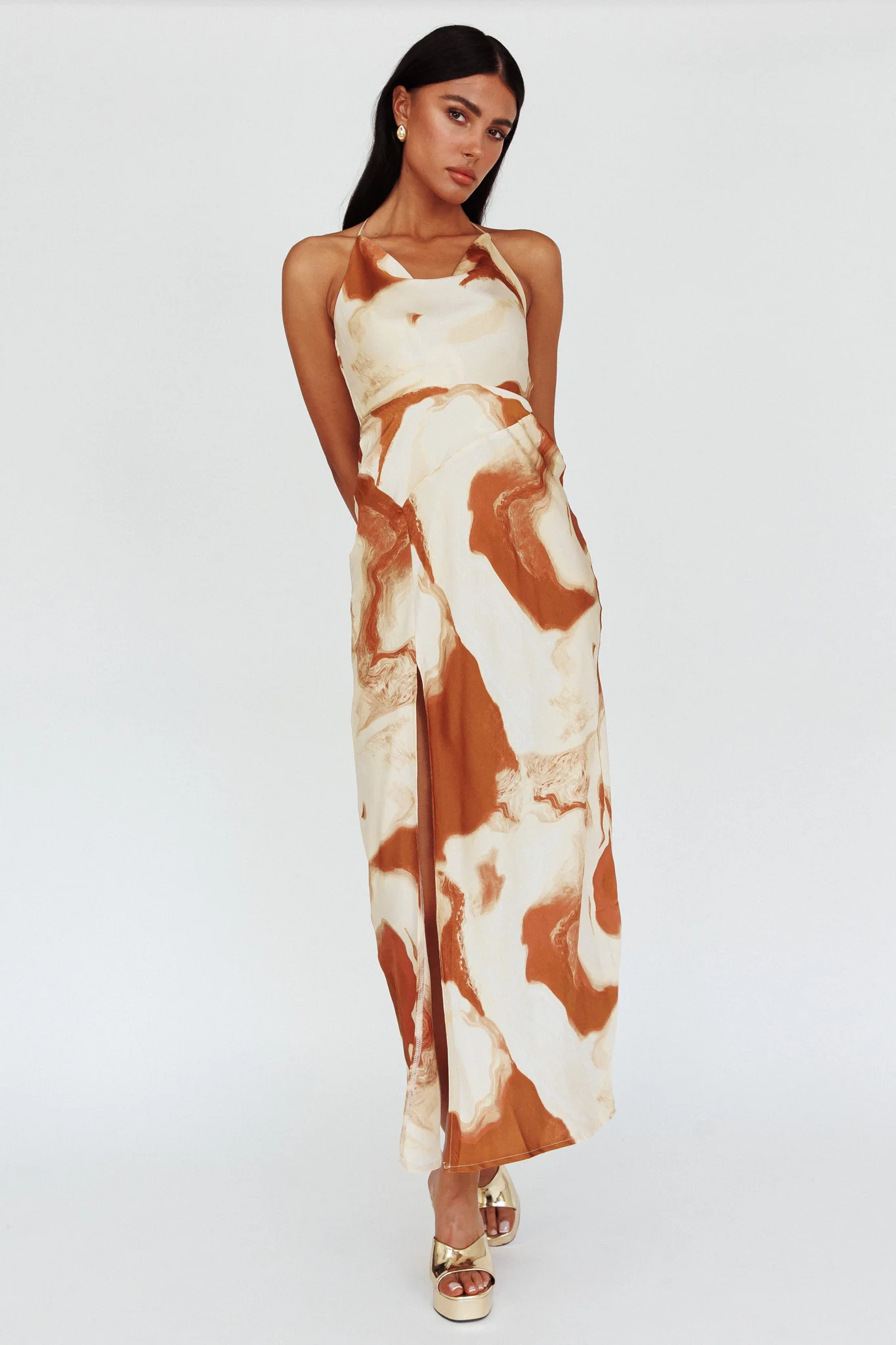 Marcello Cowl Halterneck Midi Dress Marble Brown - Image 3