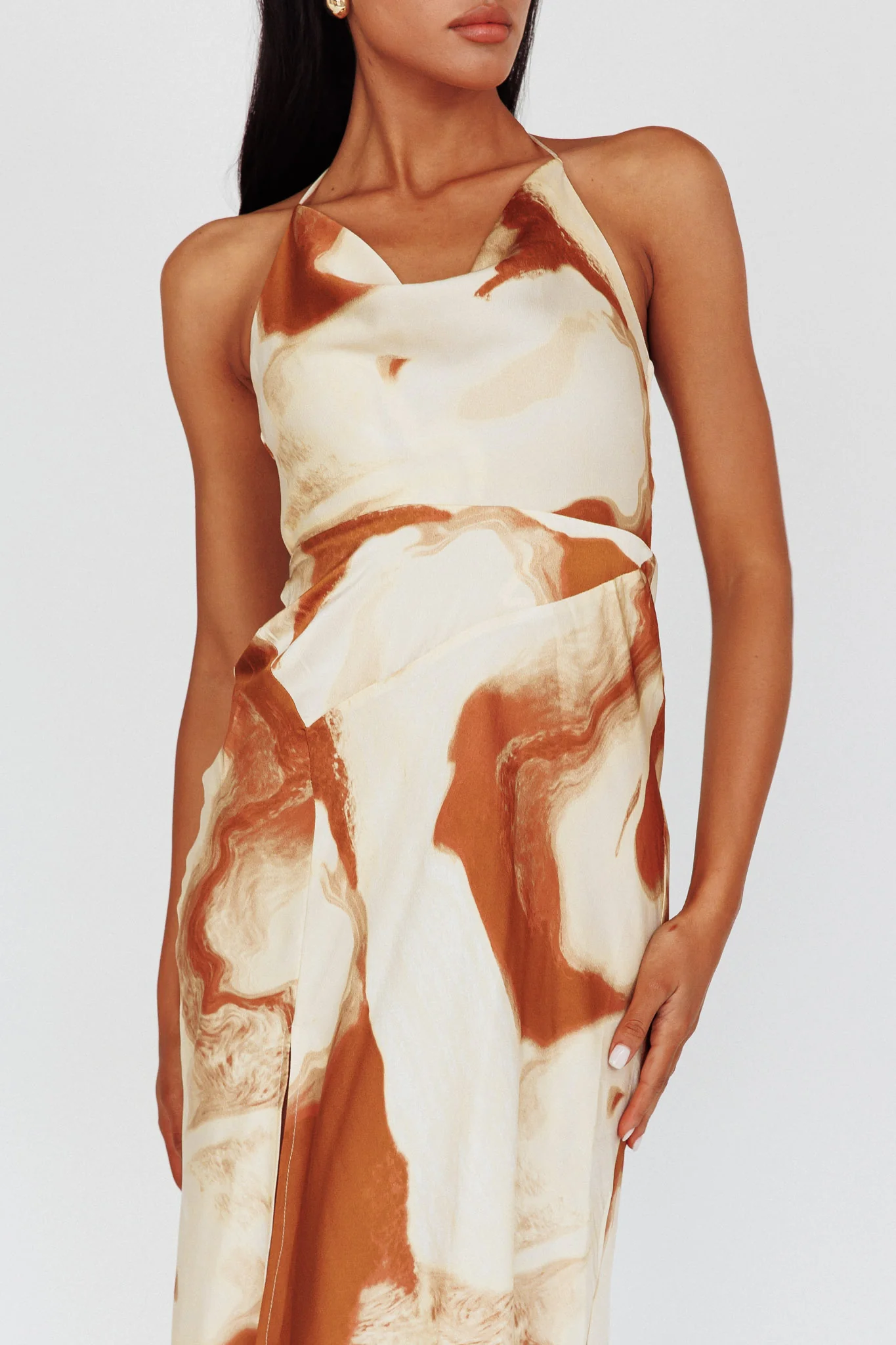 Marcello Cowl Halterneck Midi Dress Marble Brown - Image 4