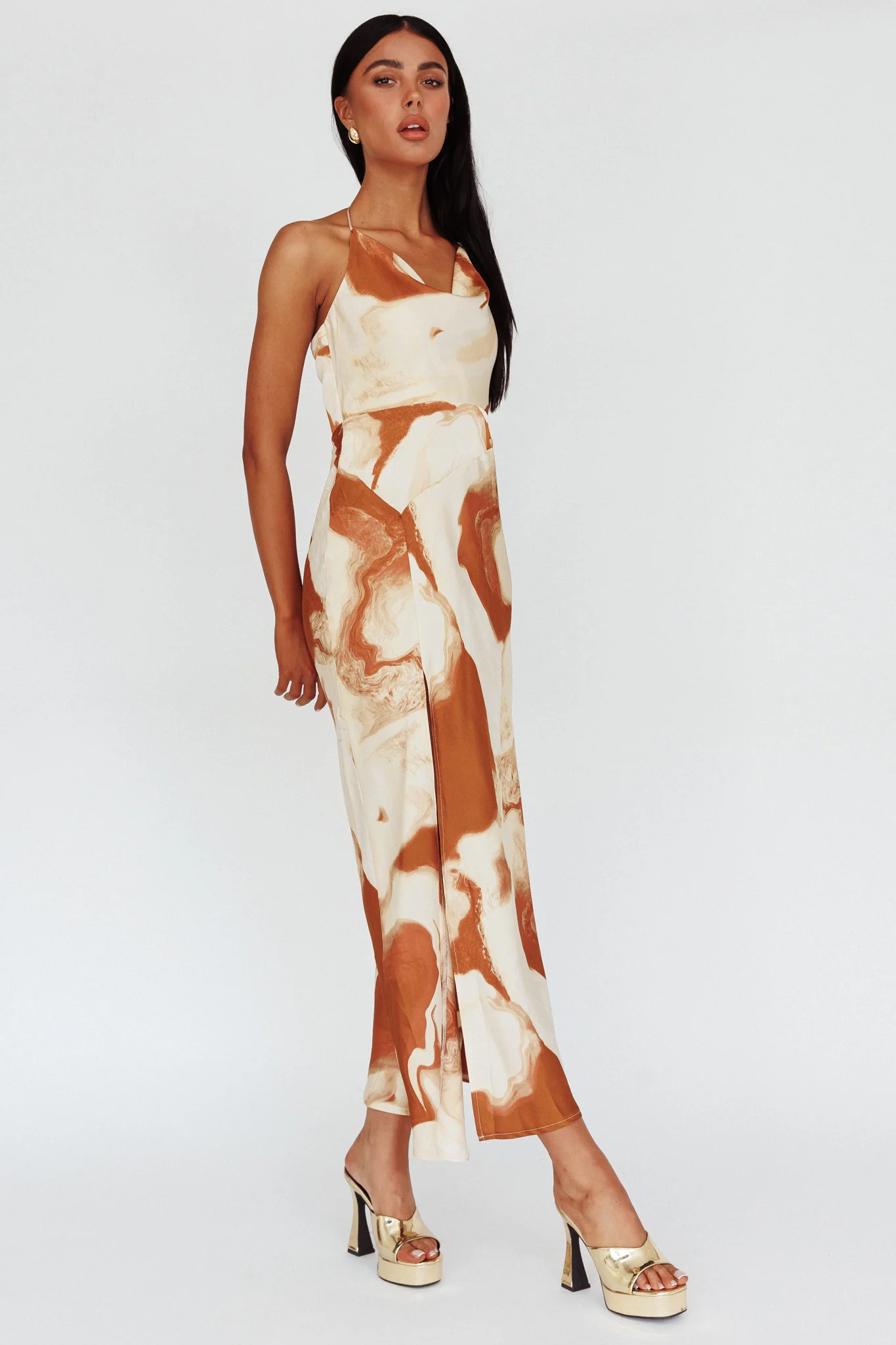 Marcello Cowl Halterneck Midi Dress Marble Brown - Image 5