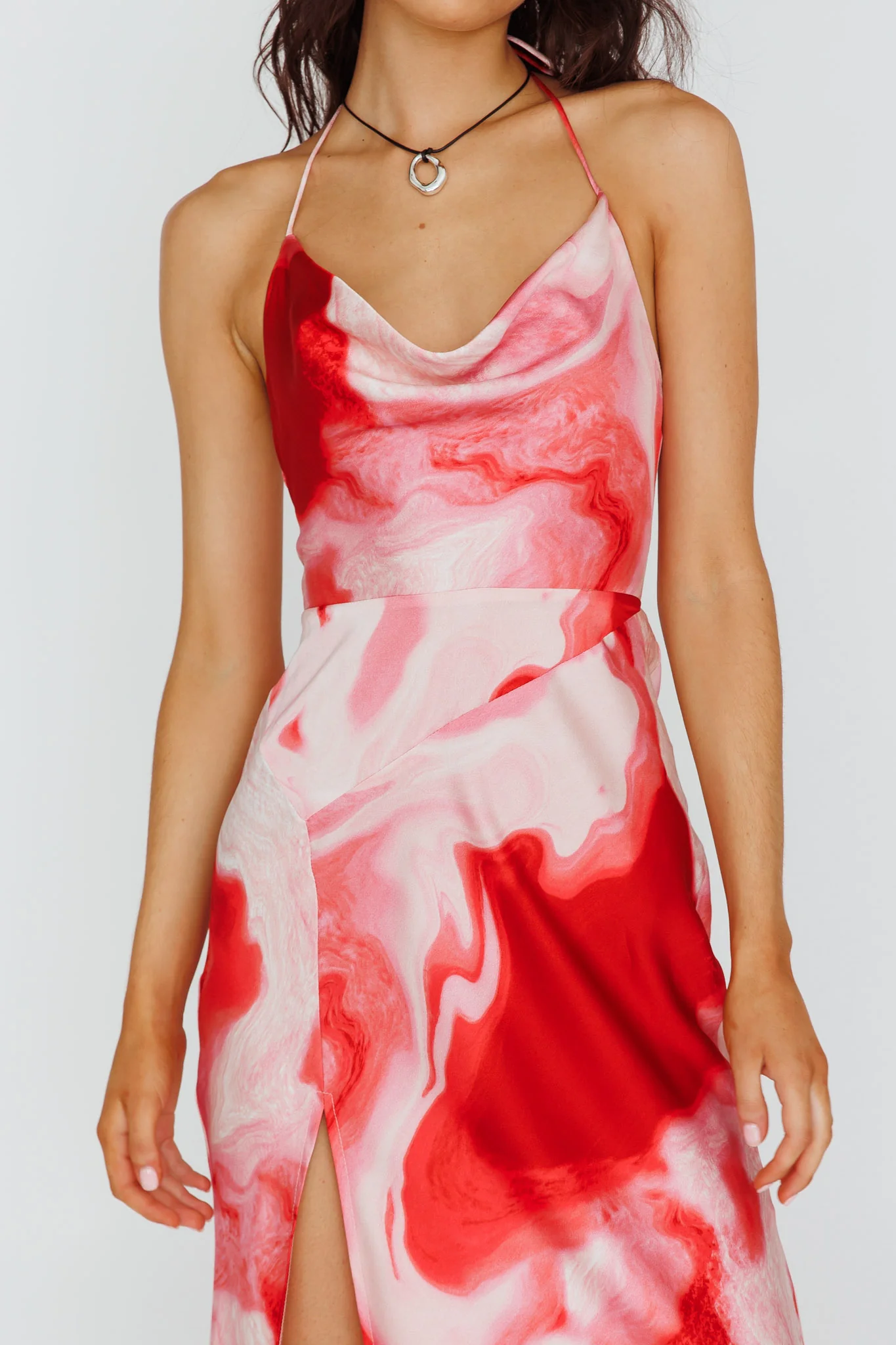 Marcello Cowl Halterneck Midi Dress Marble Red - Image 4