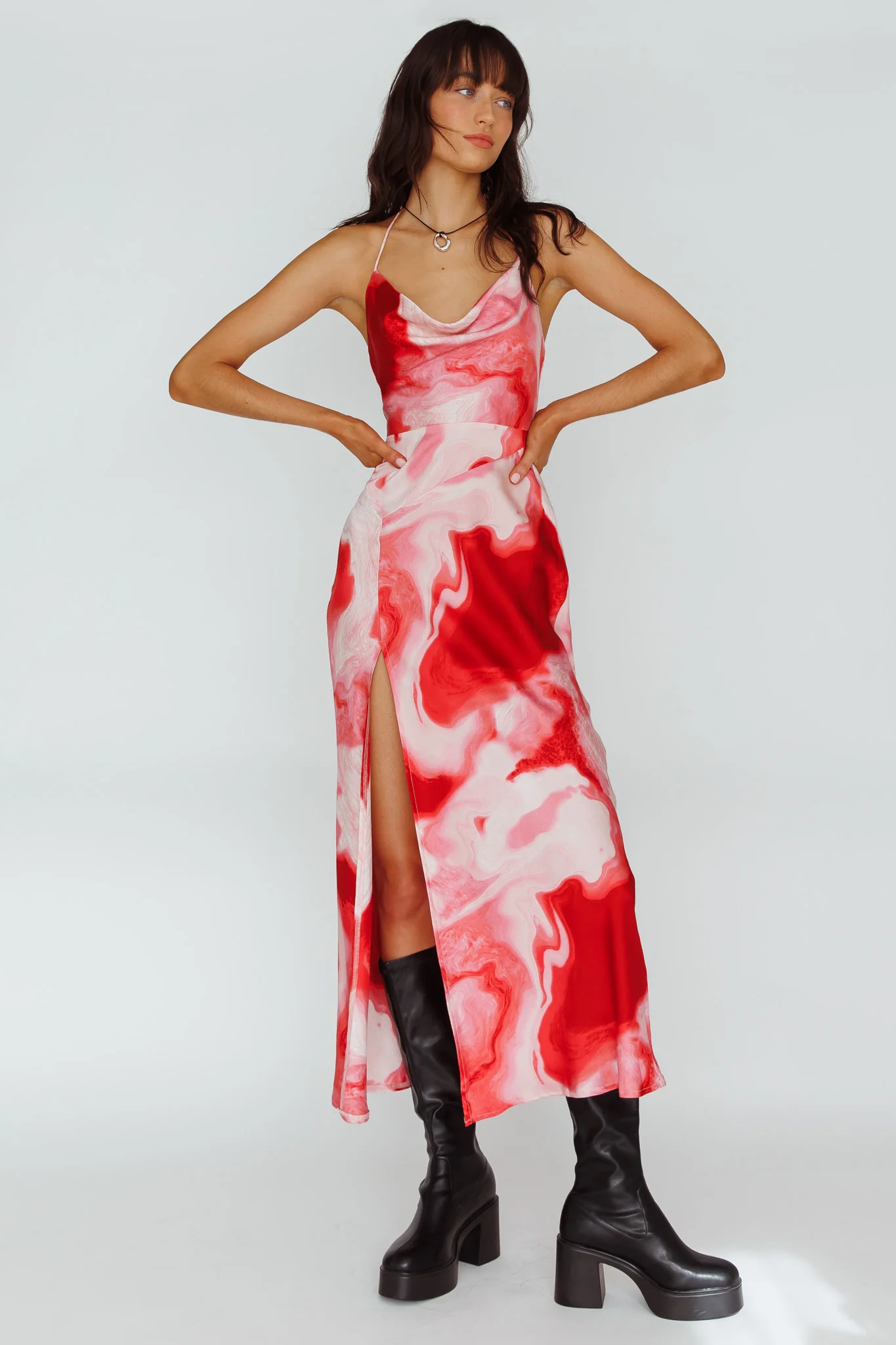 Marcello Cowl Halterneck Midi Dress Marble Red - Image 5