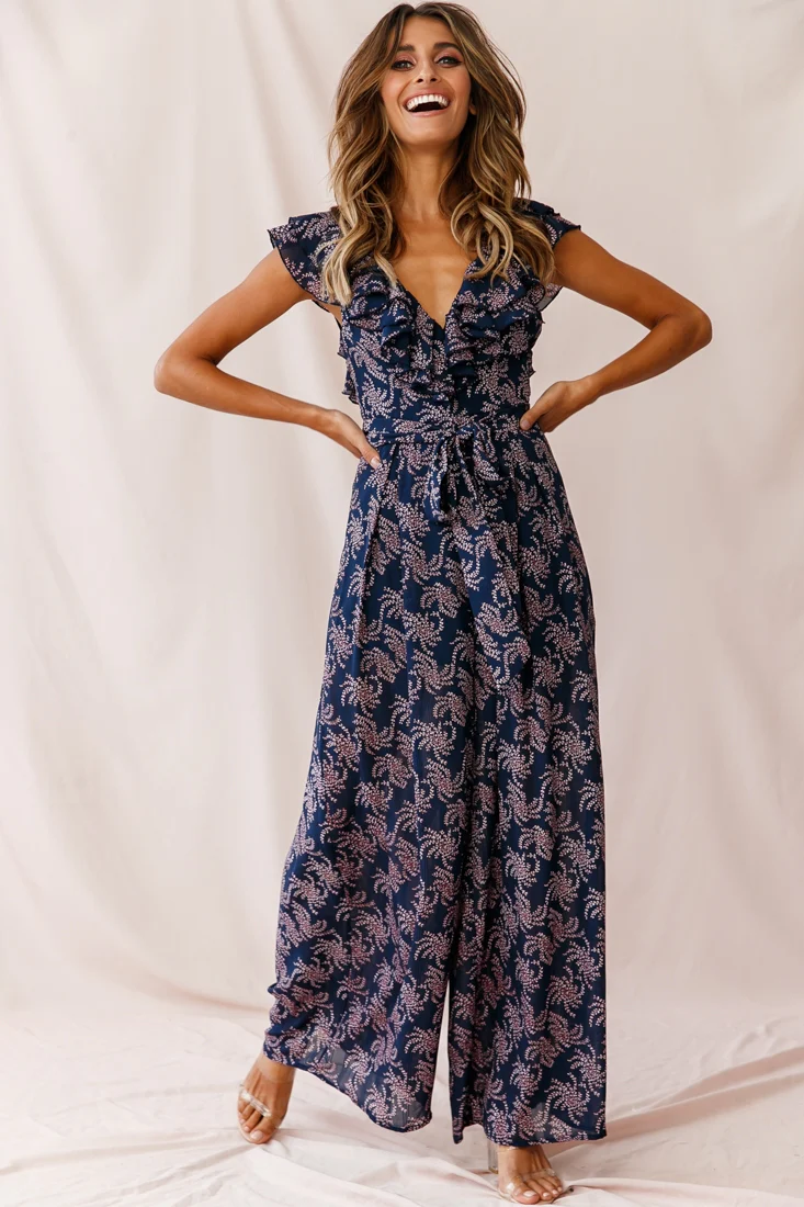Marcia Ruffle Strap Wide Leg Jumpsuit Floral Print Navy/Pink - Image 6