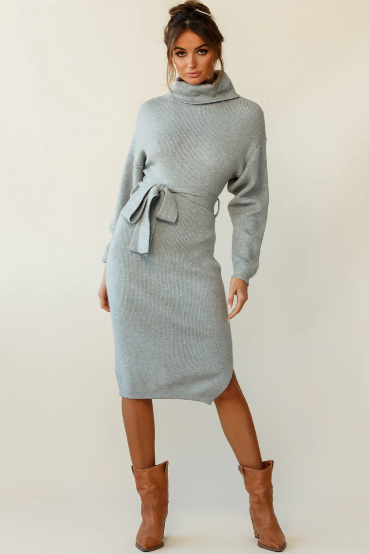 Marco Long Sleeve Turtleneck Knit Midi Dress Grey - Image 5