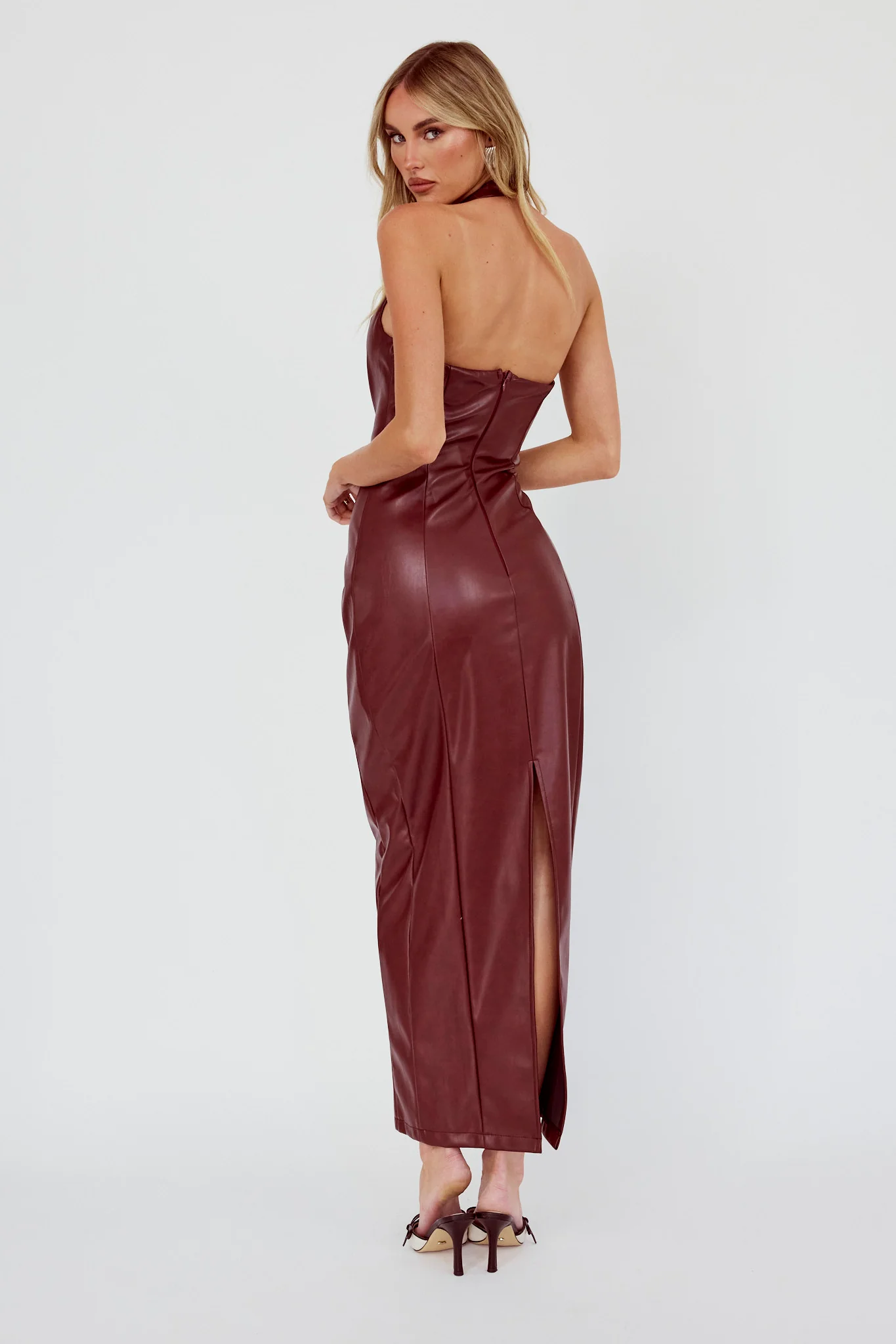 Marella Halterneck Faux Leather Maxi Dress Wine - Image 4
