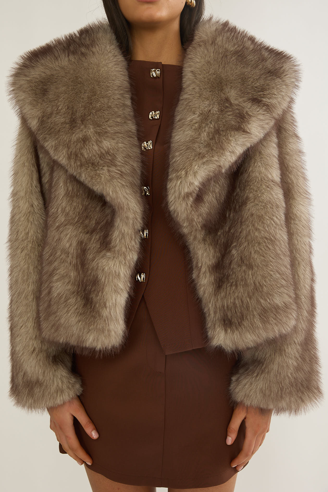 Marella Oversized Lapel Faux Fur Jacket Taupe - Image 3