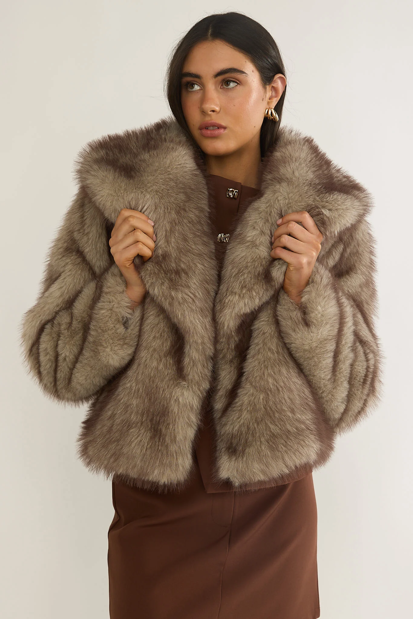 Marella Oversized Lapel Faux Fur Jacket Taupe - Image 4
