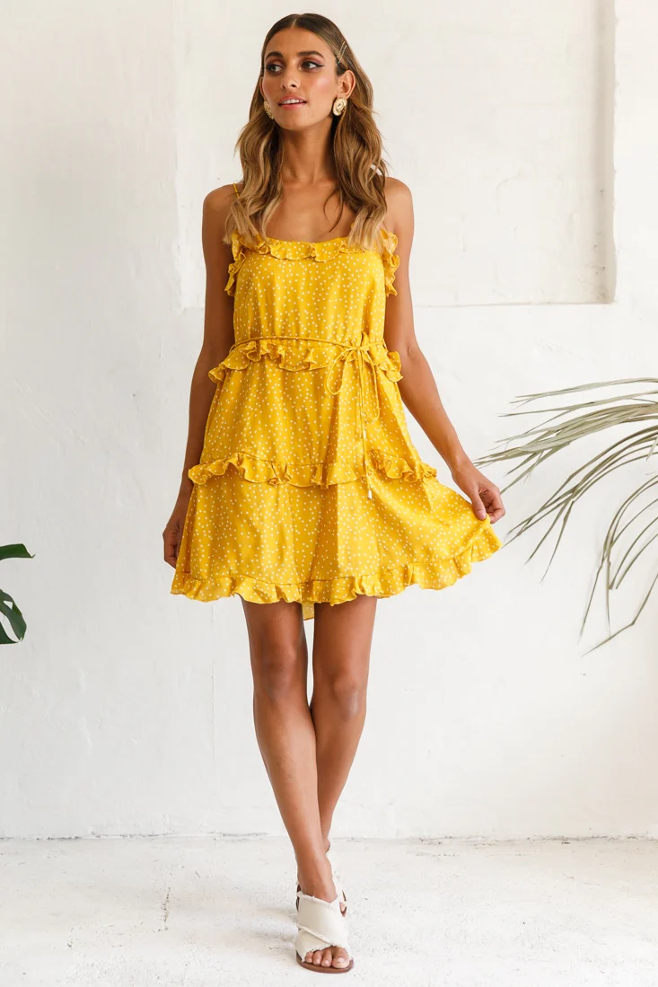 Maria Frill Trim Polka Dot Dress Mustard - Image 2