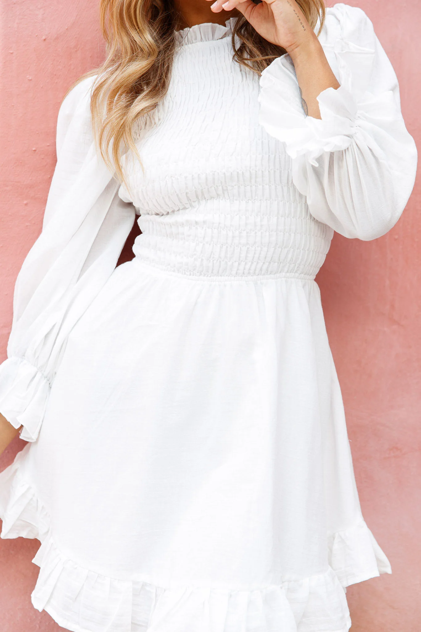 Marianna Long Sleeve Shirred Bust Dress White - Image 7