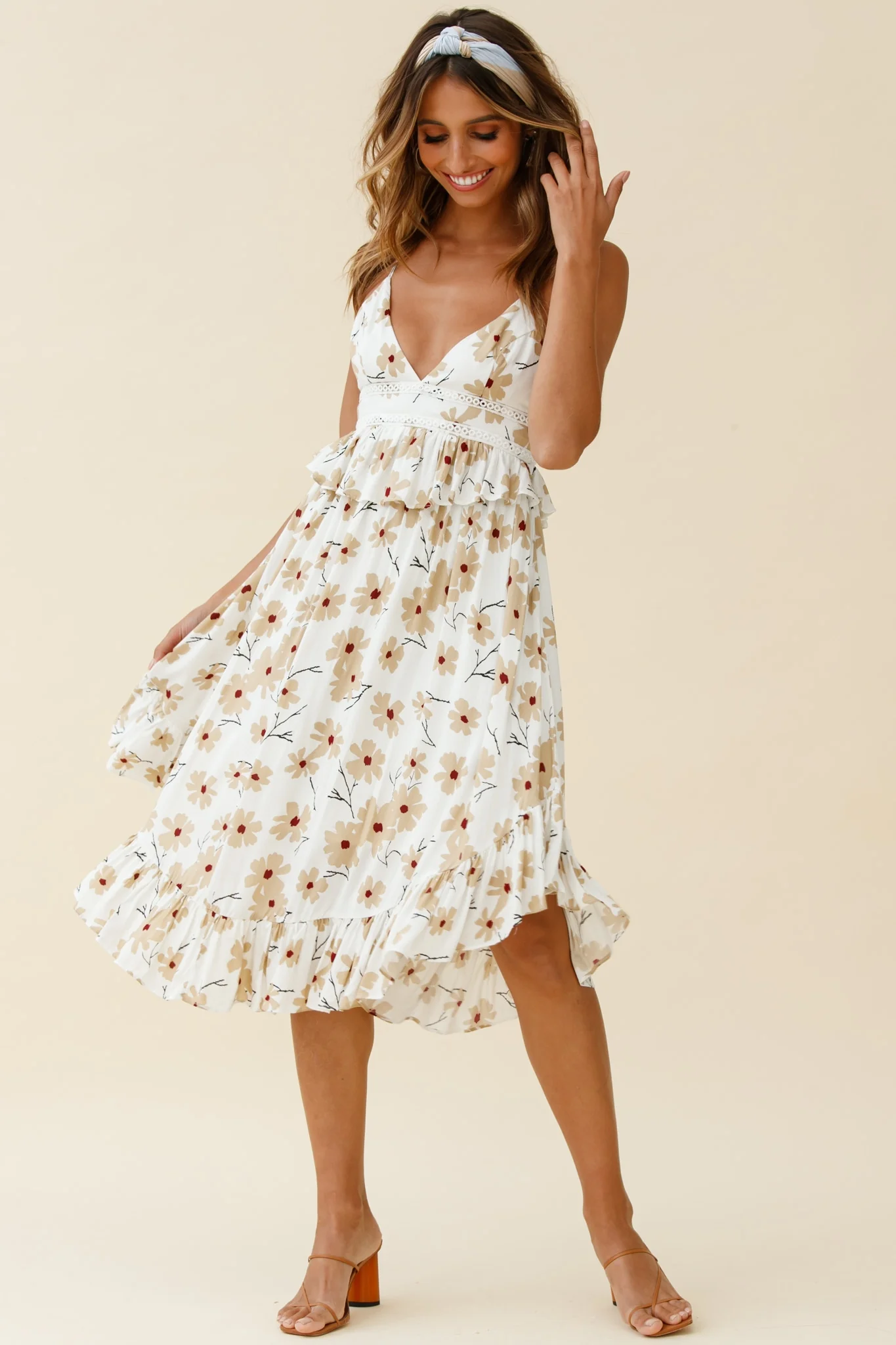Marigold Peplum Midi Ruffle Dress Floral Print White - Image 6