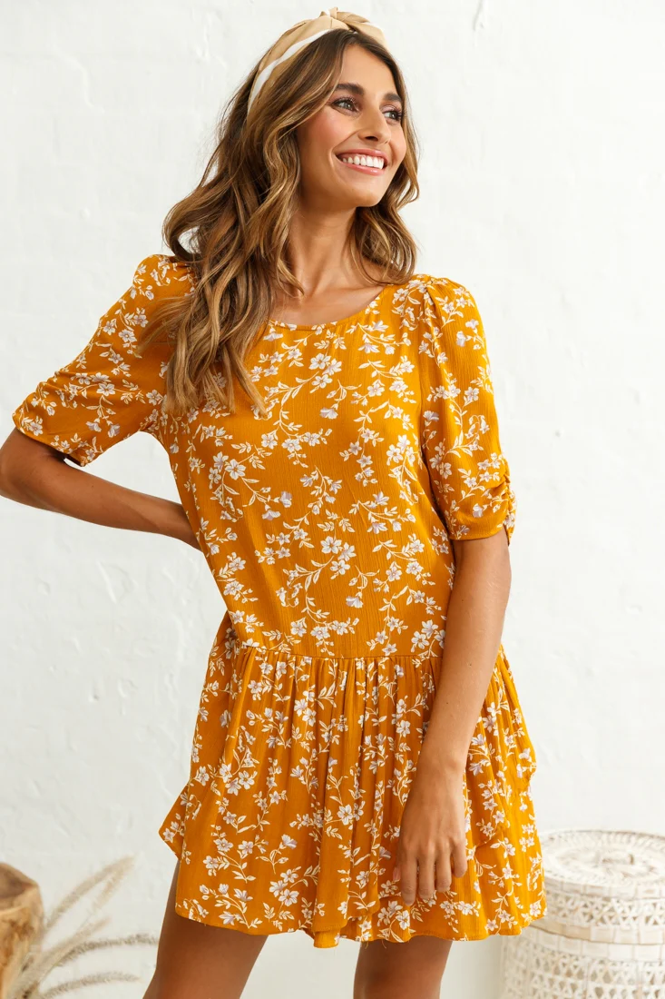 Marika Dropped Waist Short Sleeve Shift Dress Floral Print Mustard - Image 6