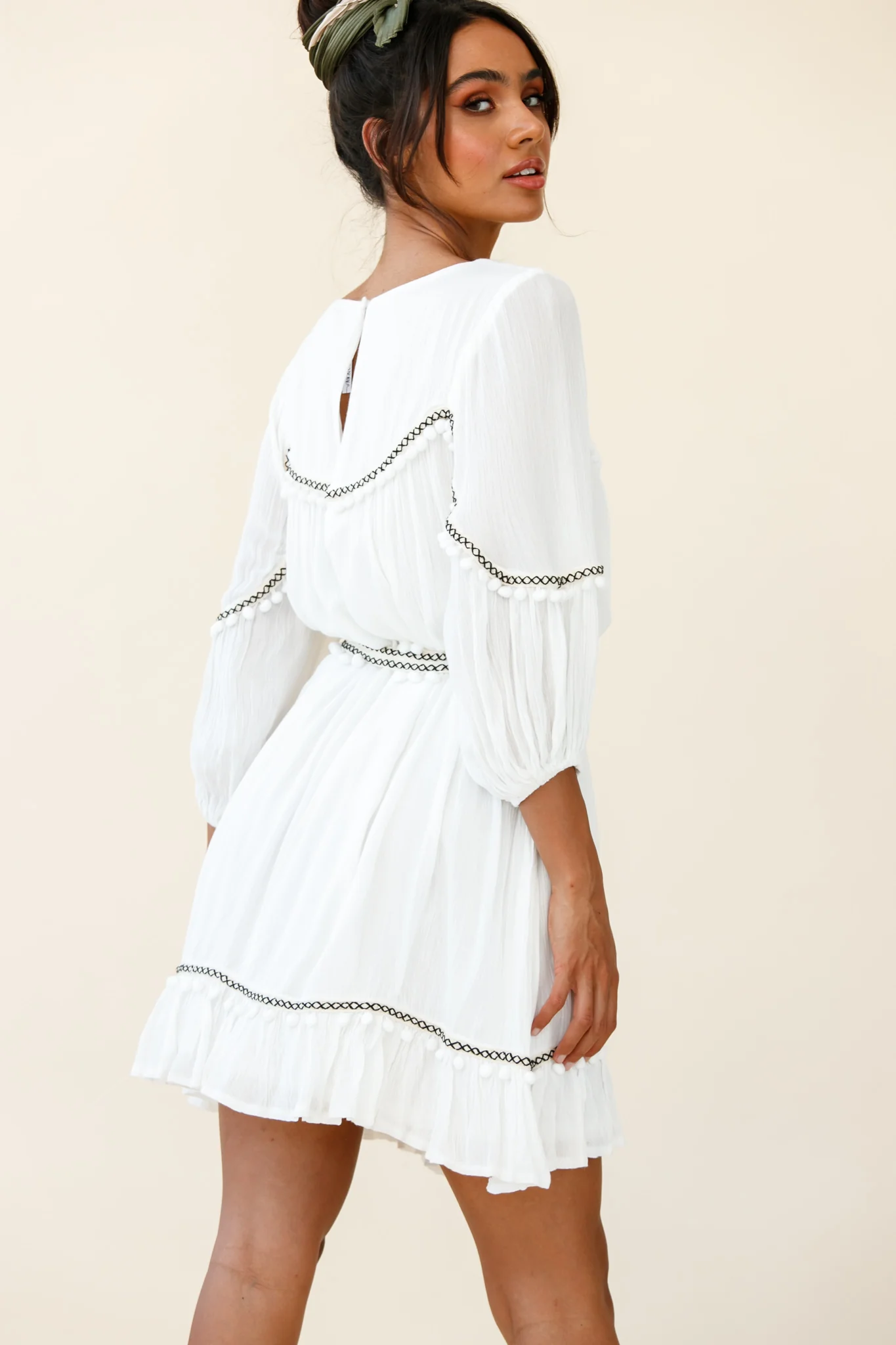 Marionette Three-Quarter Sleeve Pom-Pom Dress White - Image 3