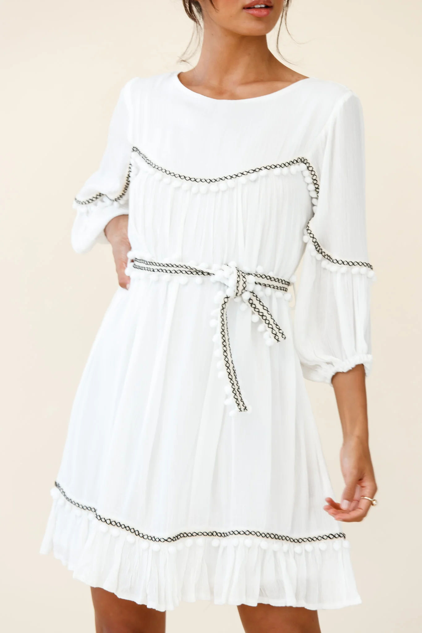 Marionette Three-Quarter Sleeve Pom-Pom Dress White - Image 4