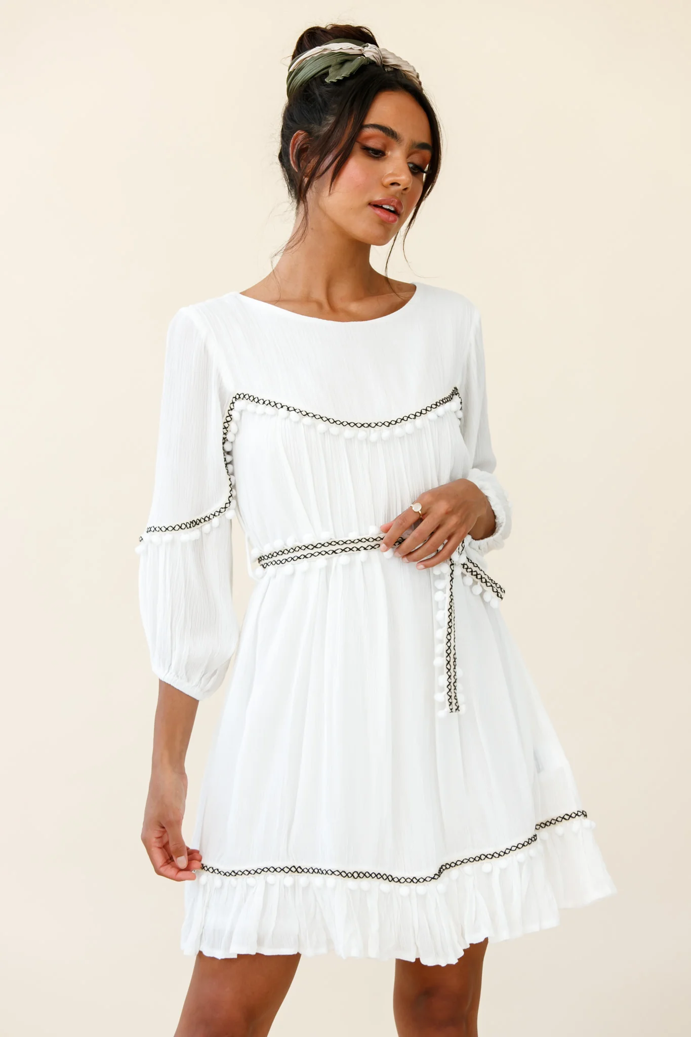 Marionette Three-Quarter Sleeve Pom-Pom Dress White - Image 5