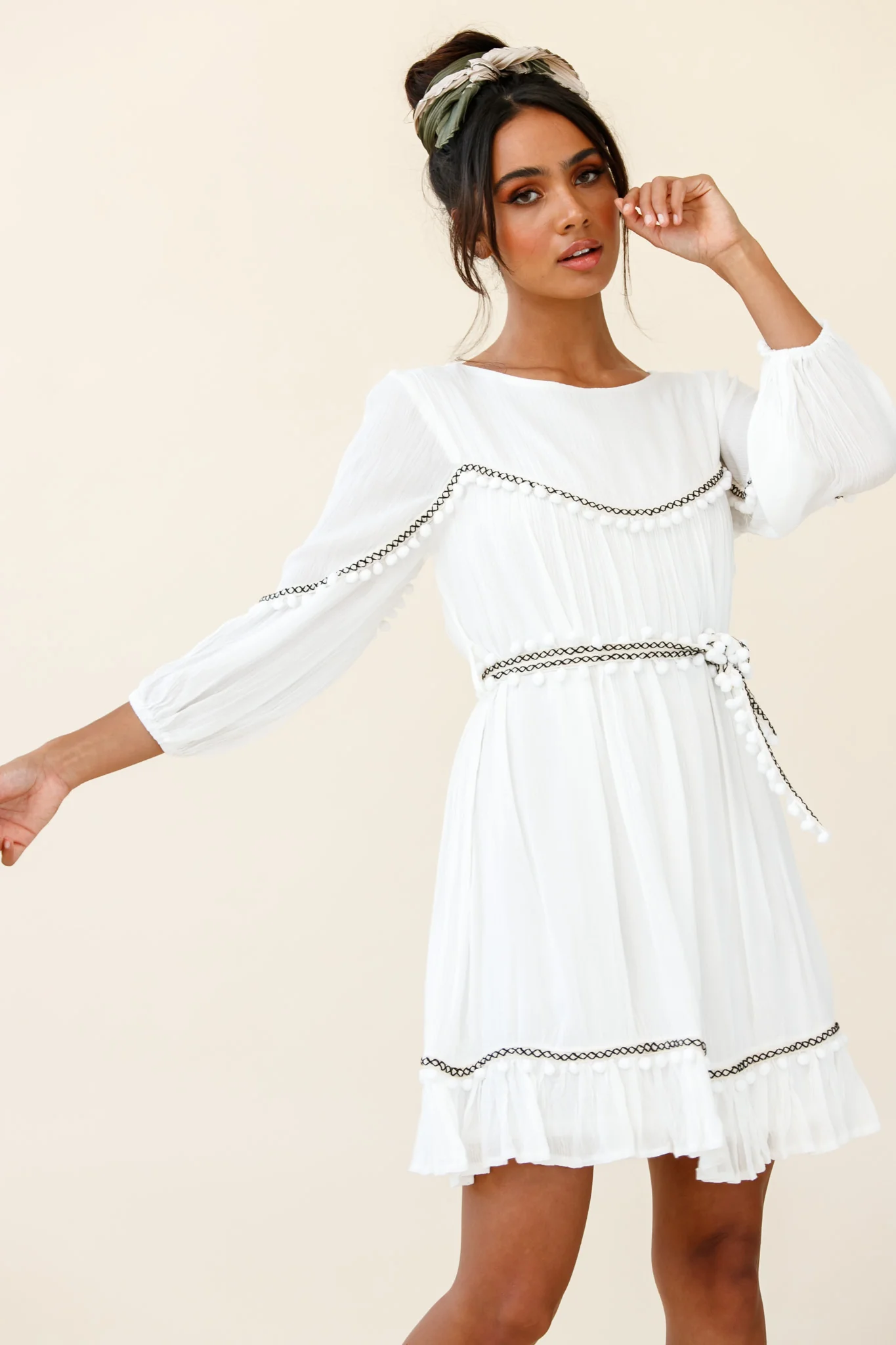 Marionette Three-Quarter Sleeve Pom-Pom Dress White - Image 6