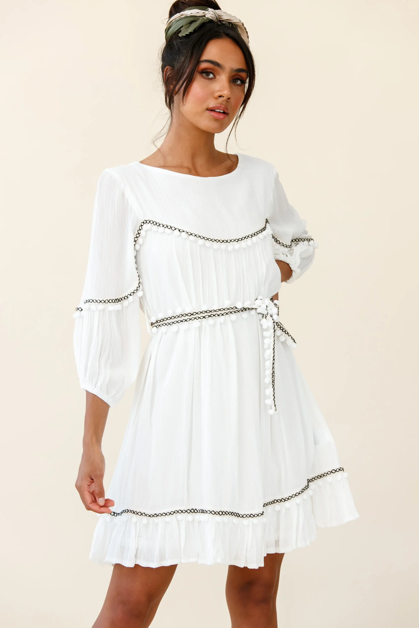 Marionette Three-Quarter Sleeve Pom-Pom Dress White - Image 7