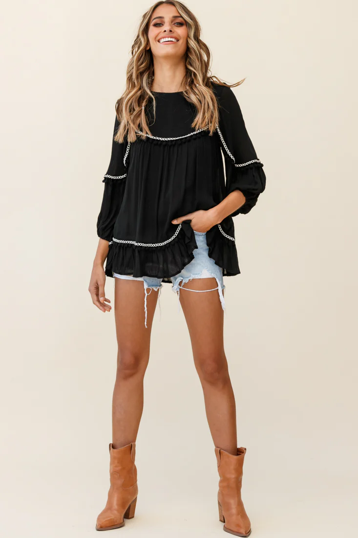 Marionette Three-Quarter Sleeve Pom-Pom Top Black - Image 2