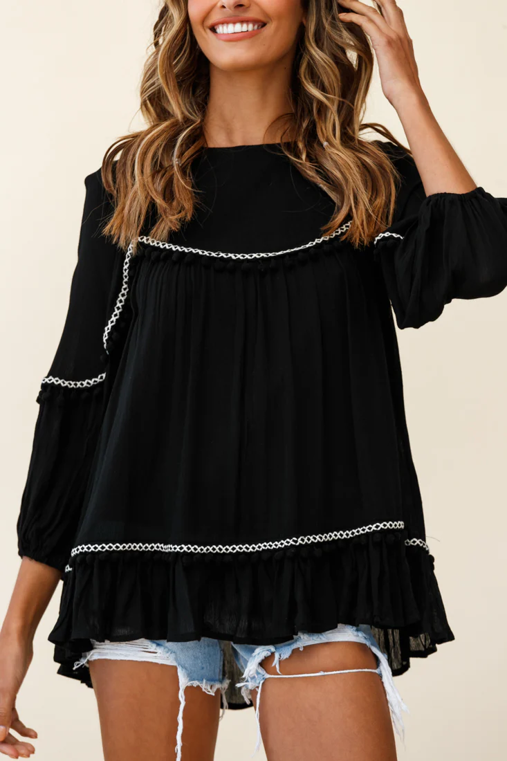 Marionette Three-Quarter Sleeve Pom-Pom Top Black - Image 5