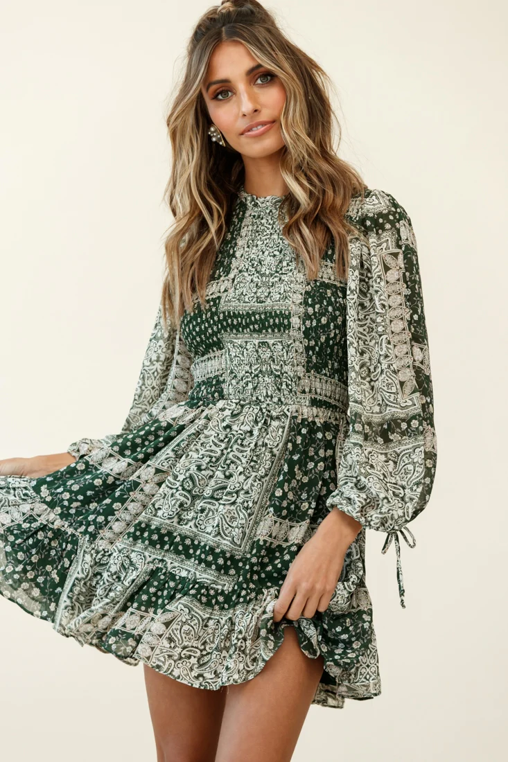 Marja Long Balloon Sleeve Shirred Dress Paisley Print Forest Green - Image 6