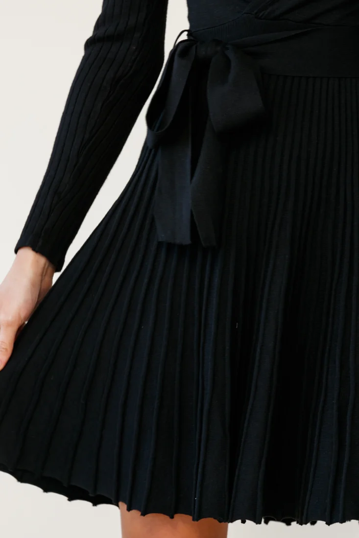 Marlena Long Sleeve Pleated Skirt Knit Dress Black - Image 4
