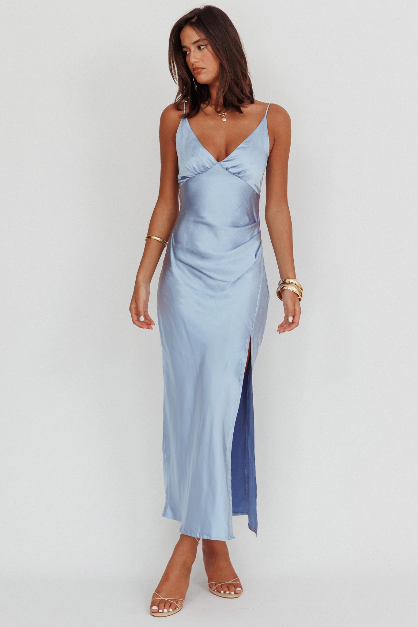 Marlie Side Pleat Maxi Dress Blue - Image 5