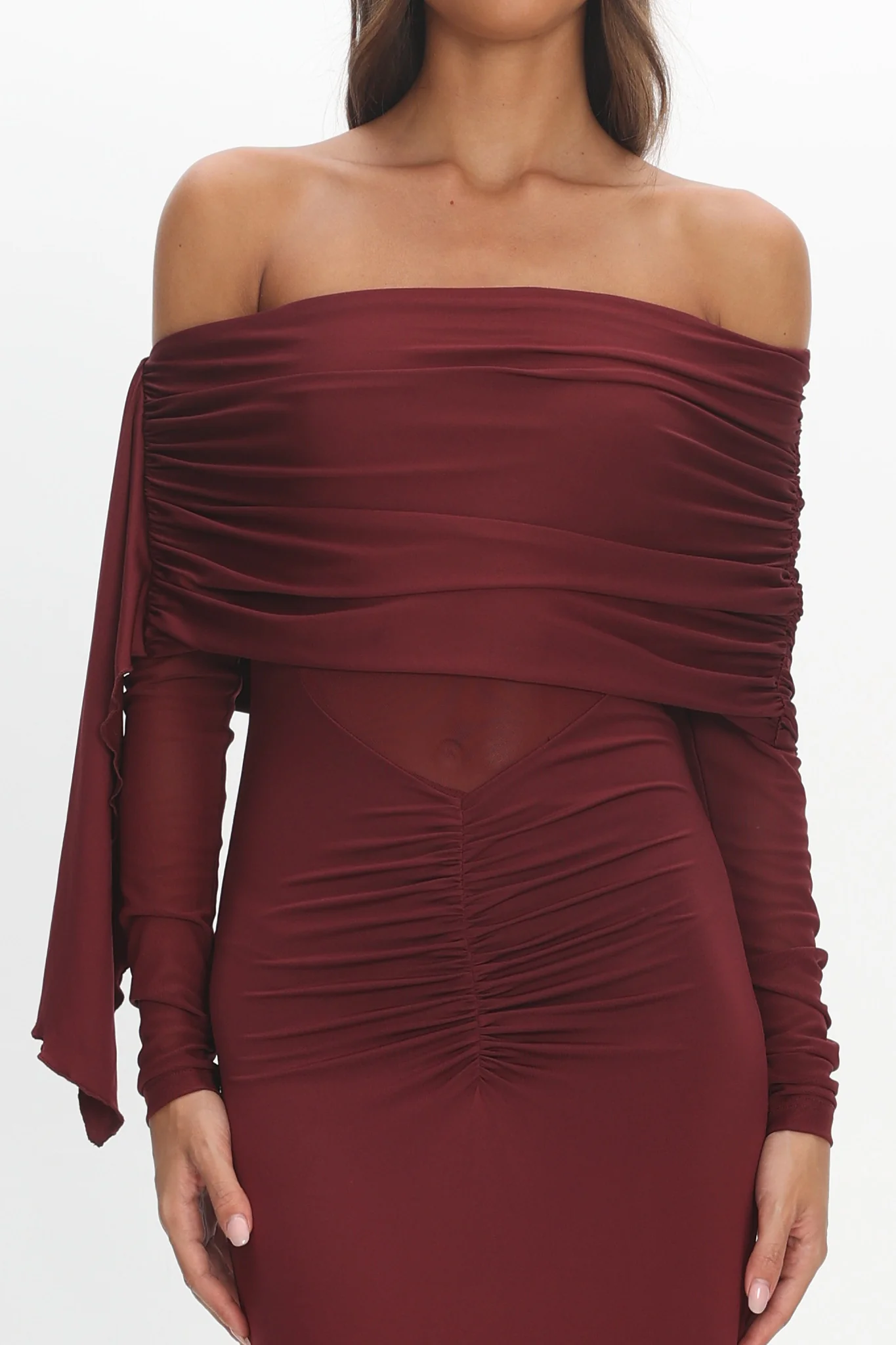 Marlowe Off-Shoulder Sheer Waist Maxi Dress Wine - Image 3