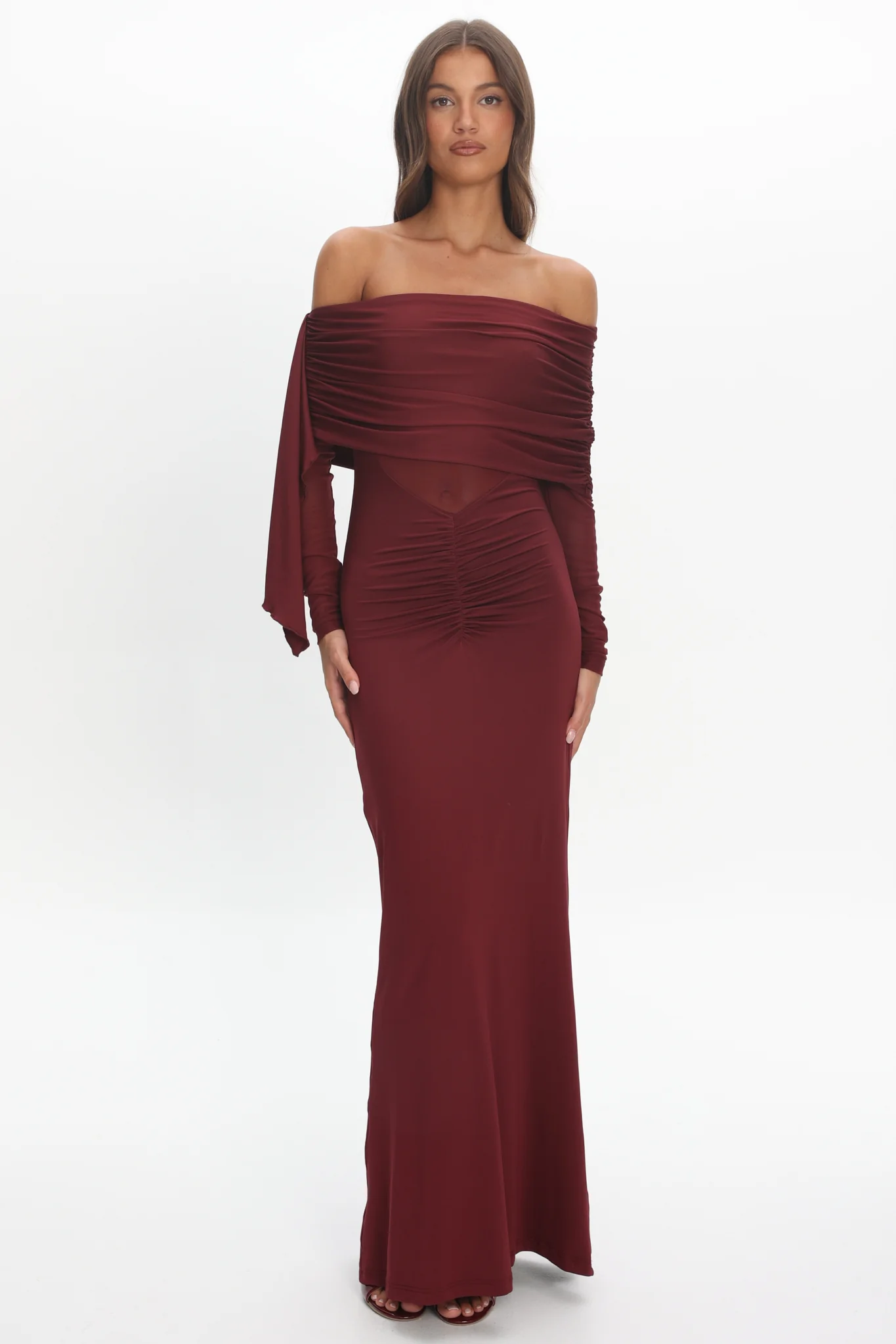 Marlowe Off-Shoulder Sheer Waist Maxi Dress Wine - Image 5