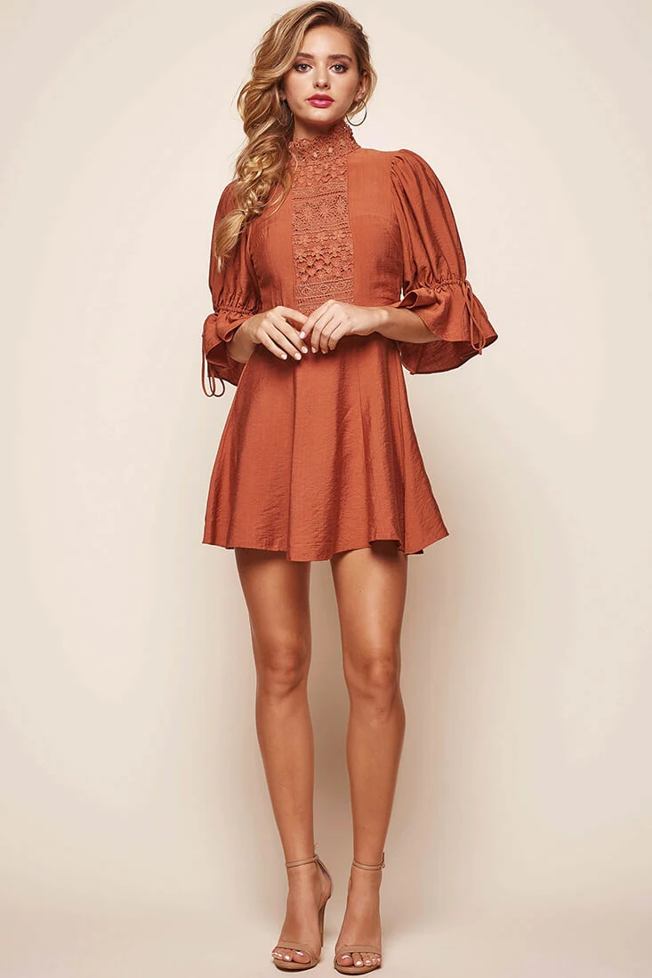 Martha High Neck Babydoll Dress Rust - Image 2