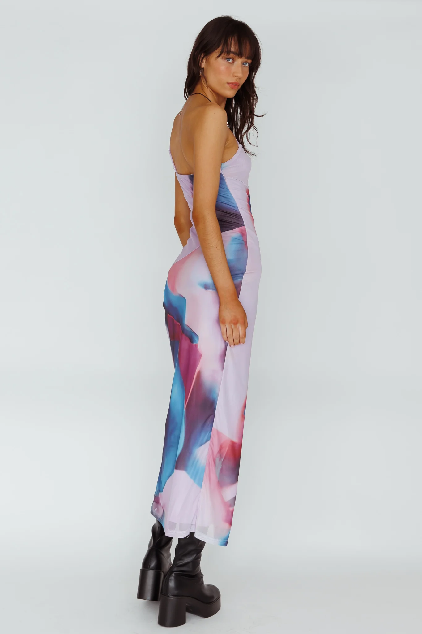 Martine One Strap Mesh Midi Dress Print Plum - Image 2