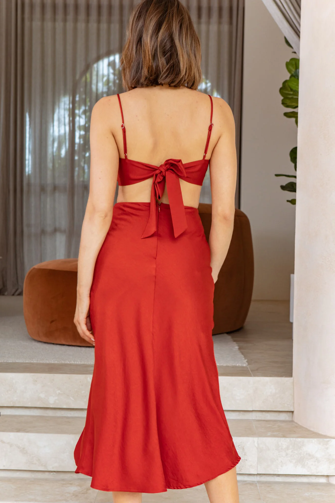 Mary Jane Gathered Bust Tie Back Midi Dress Copper - Image 6