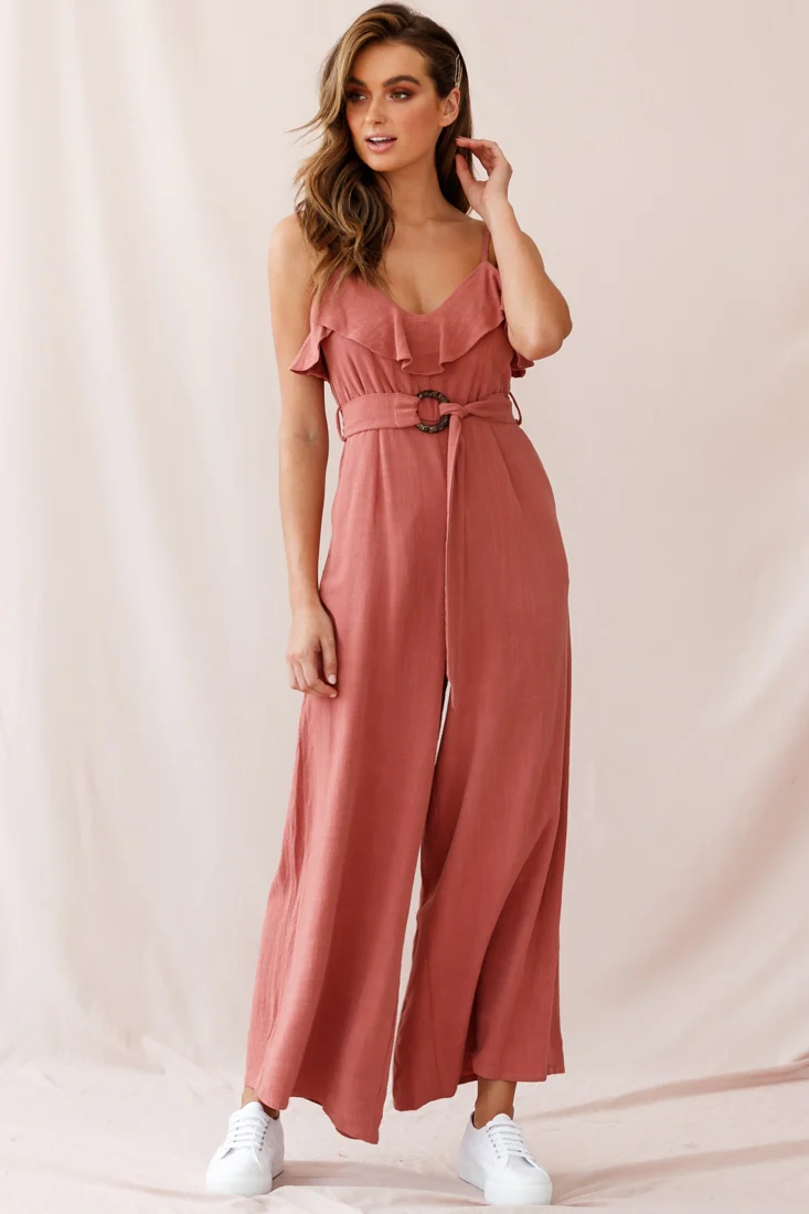 Mason Ruffle Neckline Wooden Buckle Belt Jumpsuit Rose - Image 5