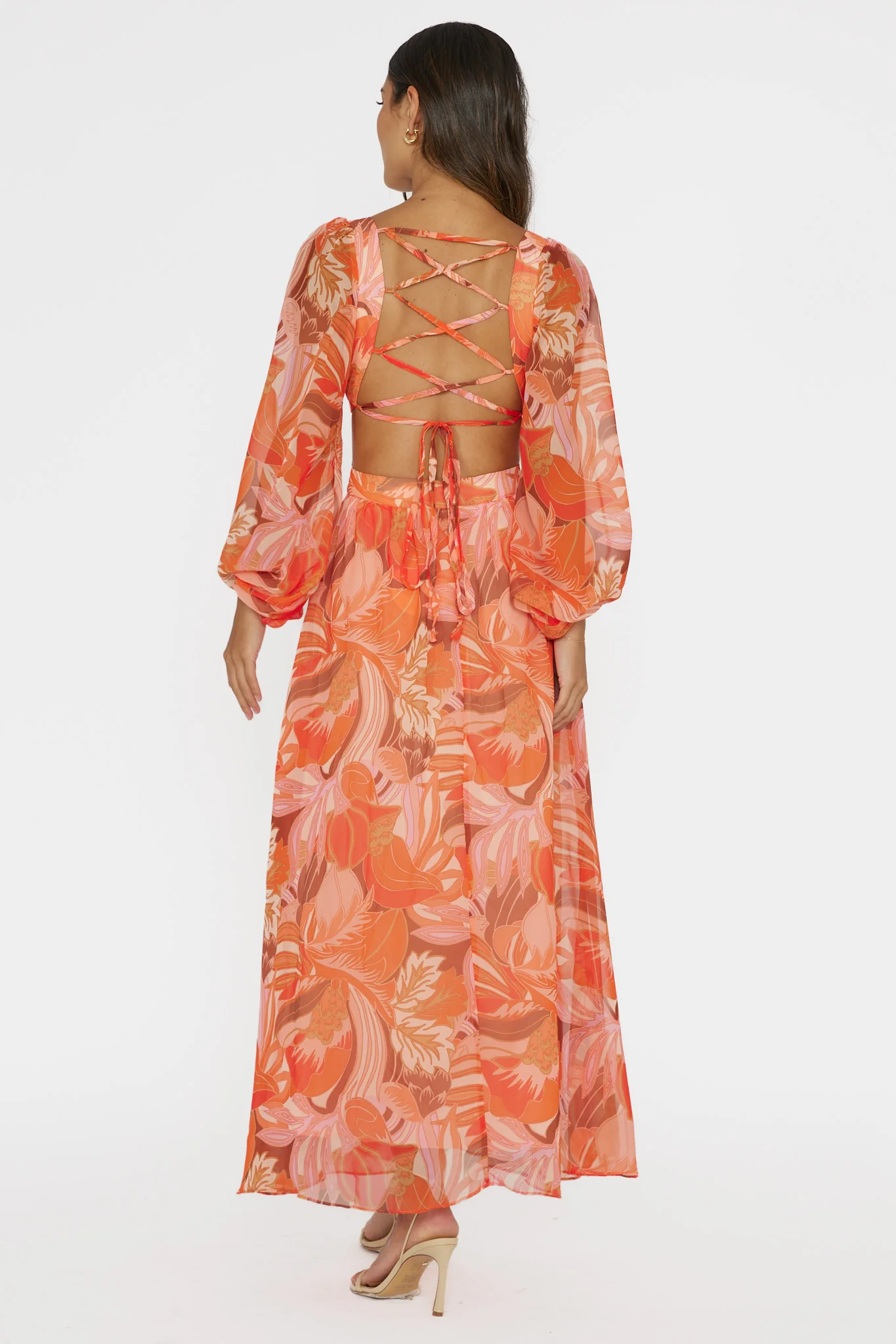 Maura Long Sleeve Lace-Up Back Dress Floral Orange - Image 2