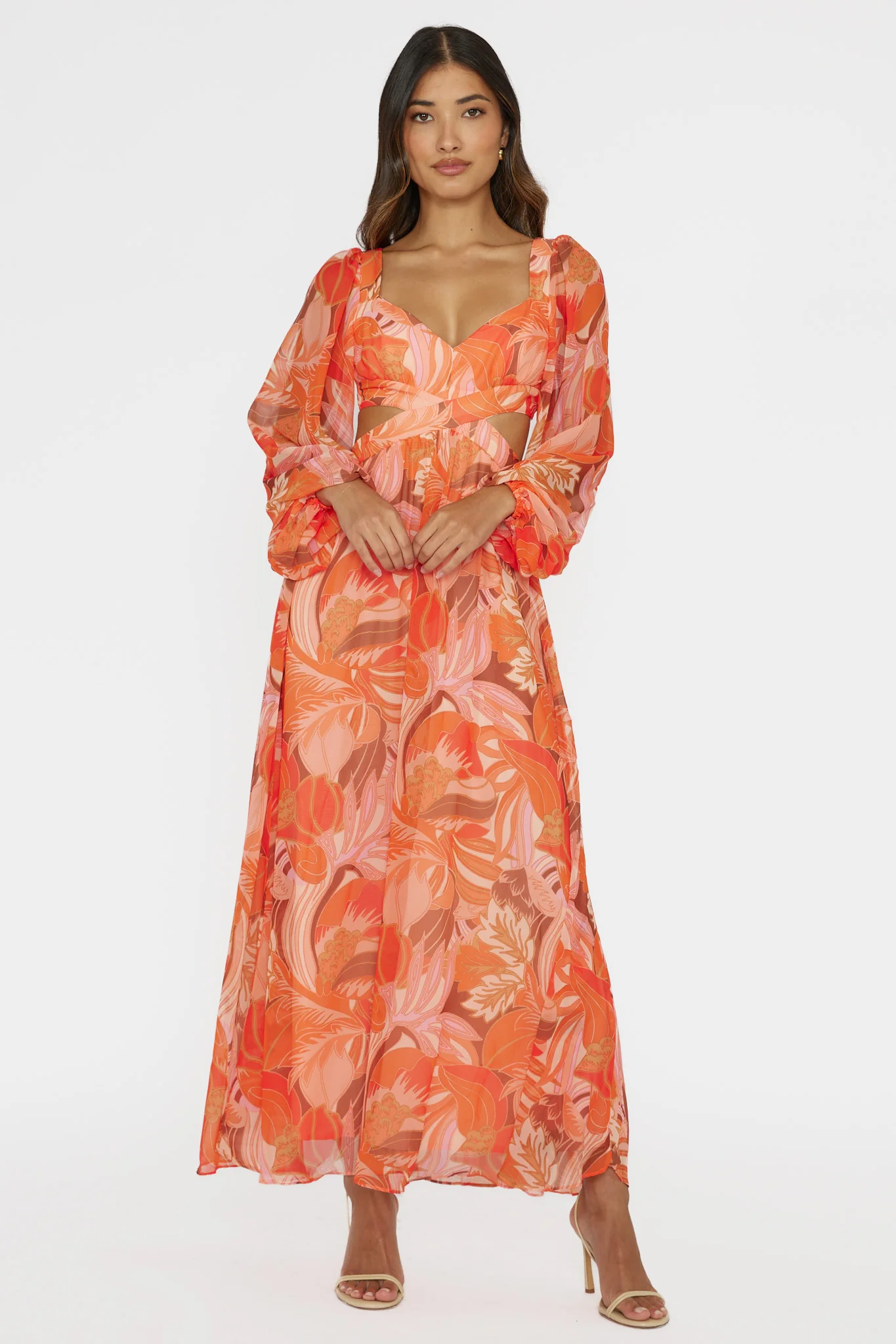 Maura Long Sleeve Lace-Up Back Dress Floral Orange - Image 3