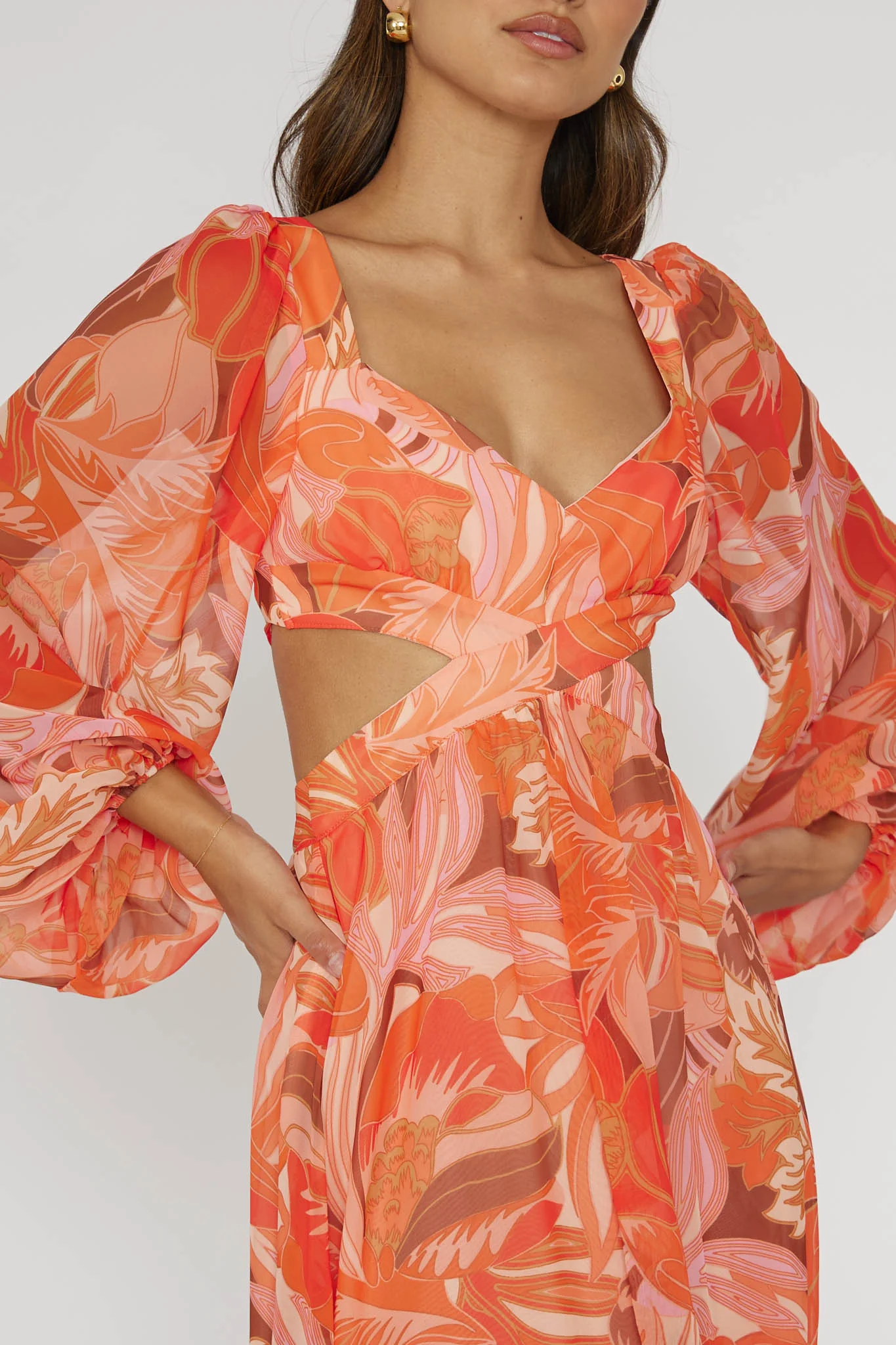 Maura Long Sleeve Lace-Up Back Dress Floral Orange - Image 4