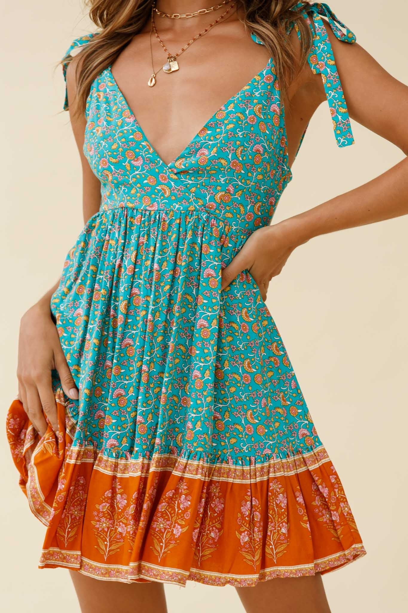 Maven Tied Shoulder Low Back Dress Flower Print Jade - Image 4