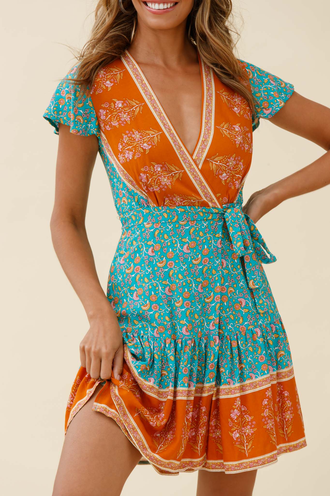 Mayan Angel Sleeve Waist Tie Wrap Dress Floral Print Jade - Image 6