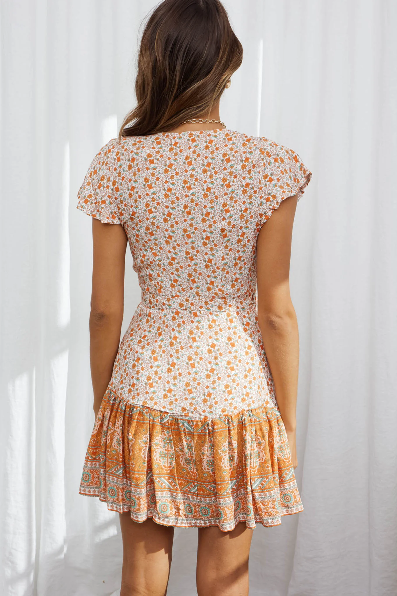 Mayan Angel Sleeve Waist Tie Wrap Dress Floral Print Orange - Image 5