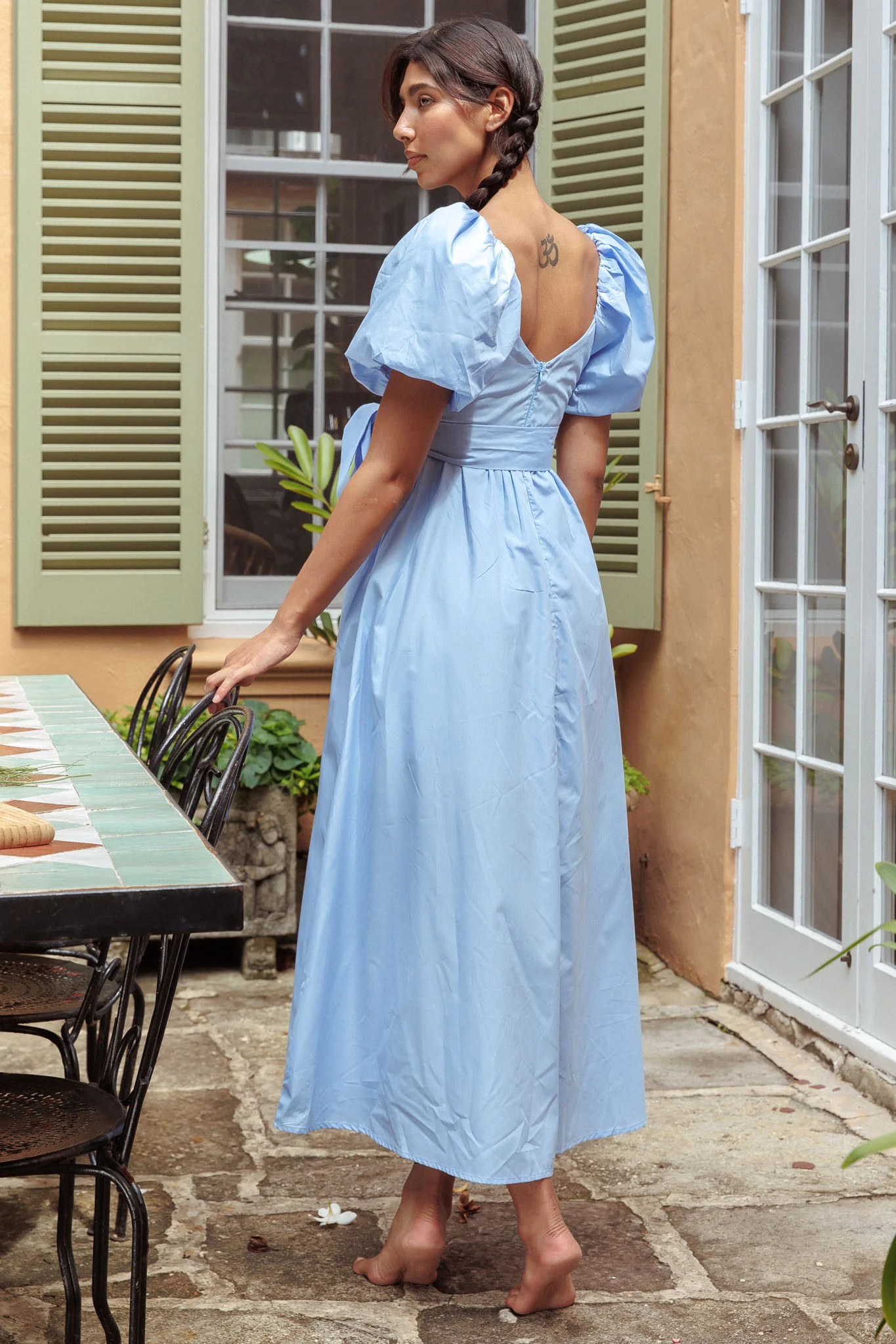 Mayflower Puff Sleeve Waist Tie Midi Dress Blue - Image 2