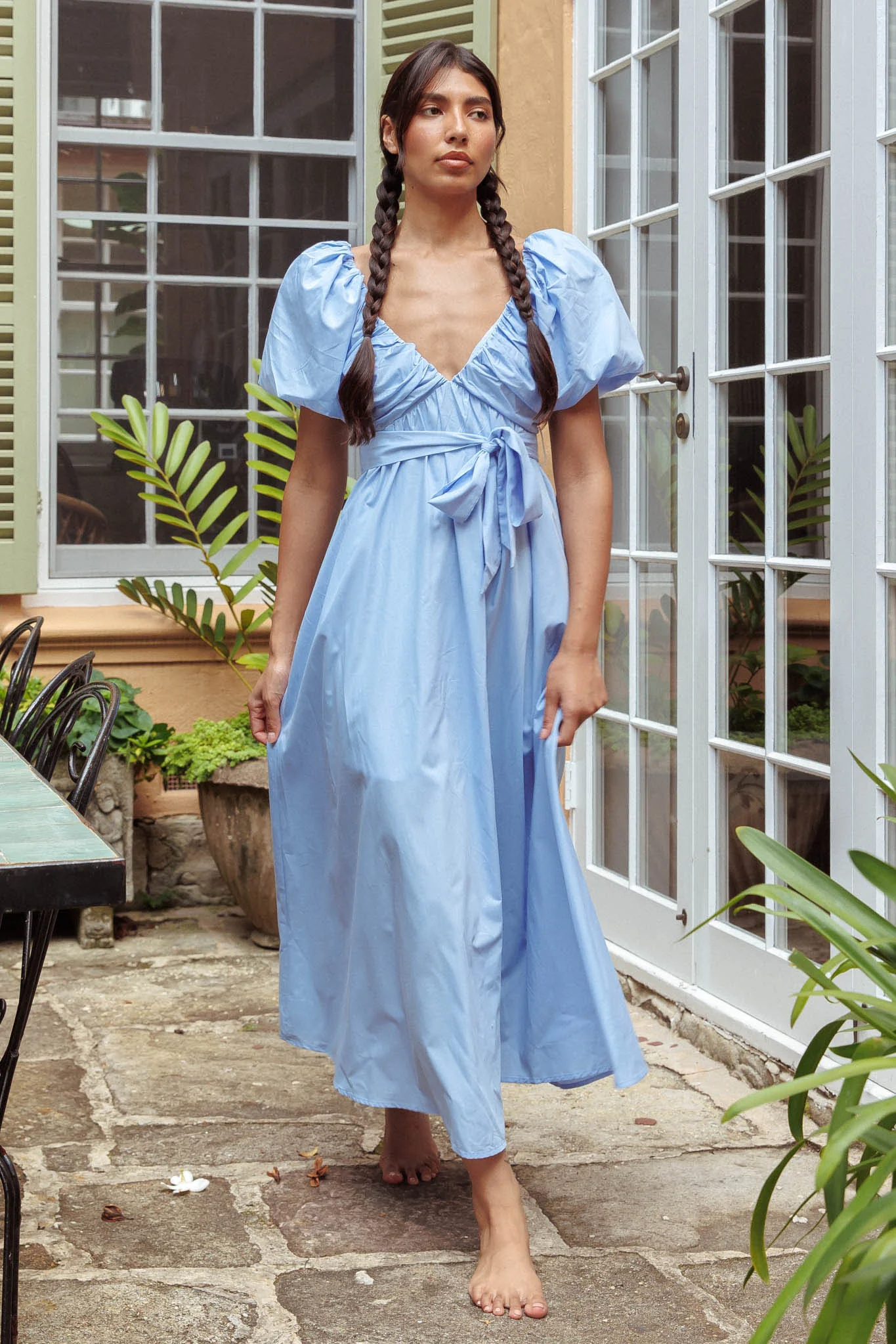 Mayflower Puff Sleeve Waist Tie Midi Dress Blue - Image 3