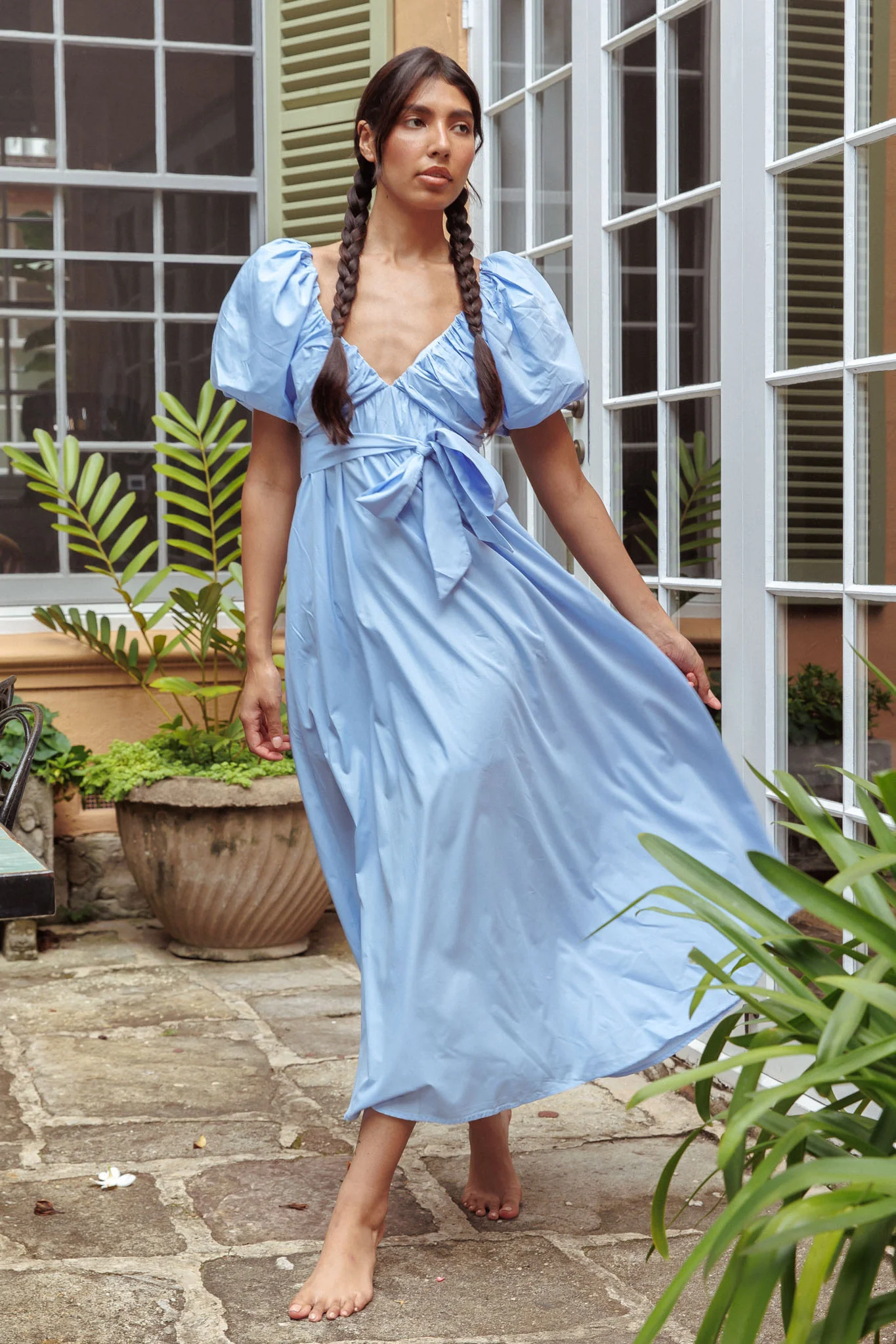 Mayflower Puff Sleeve Waist Tie Midi Dress Blue - Image 5