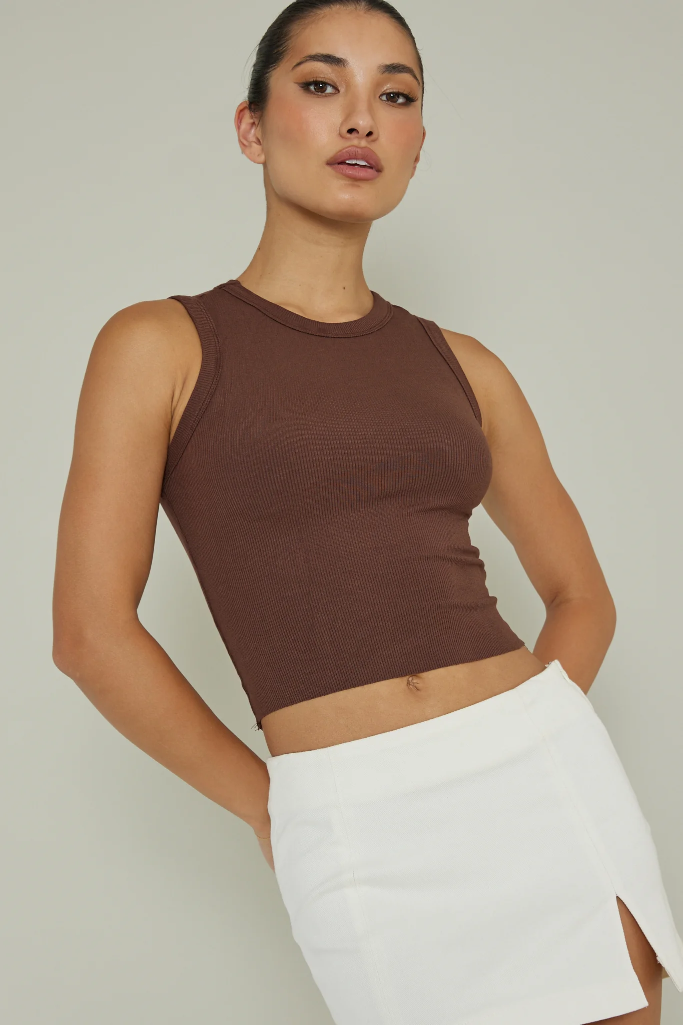 Mayra Crew Neck Crop Top Brown - Image 5