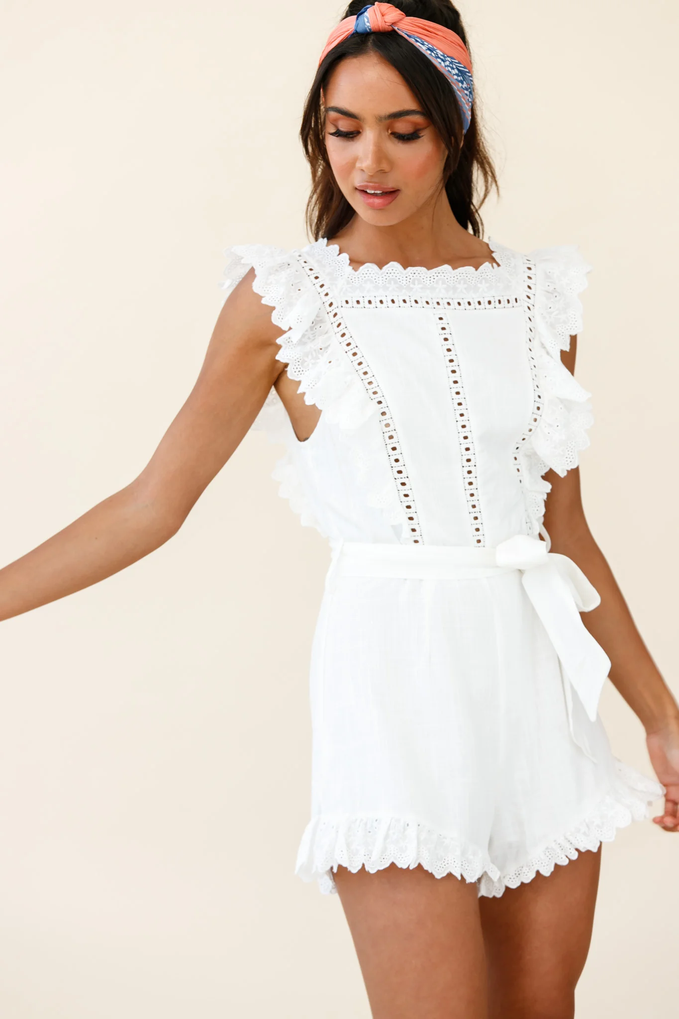Meadow Ruffle Trim Waist Tie Romper White - Image 5
