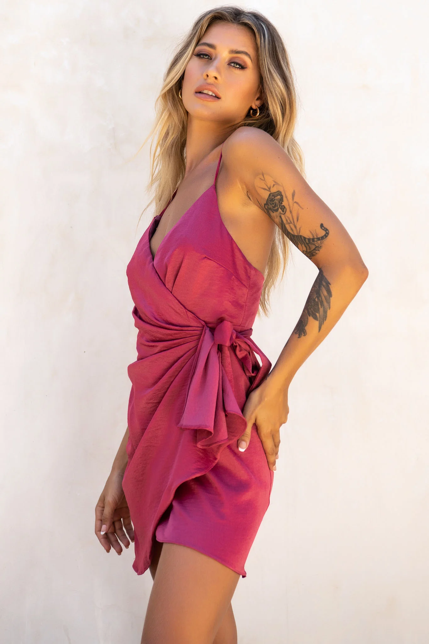 Medellin Gathered Detail Side-Tie Wrap Dress Rose - Image 5